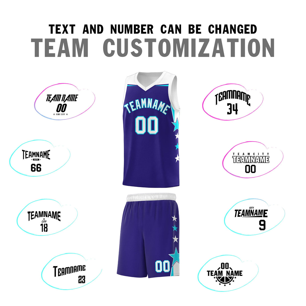 Custom Youth Basketball Uniform Royal White Two Tone Side Star Add Name Number &amp; Logo