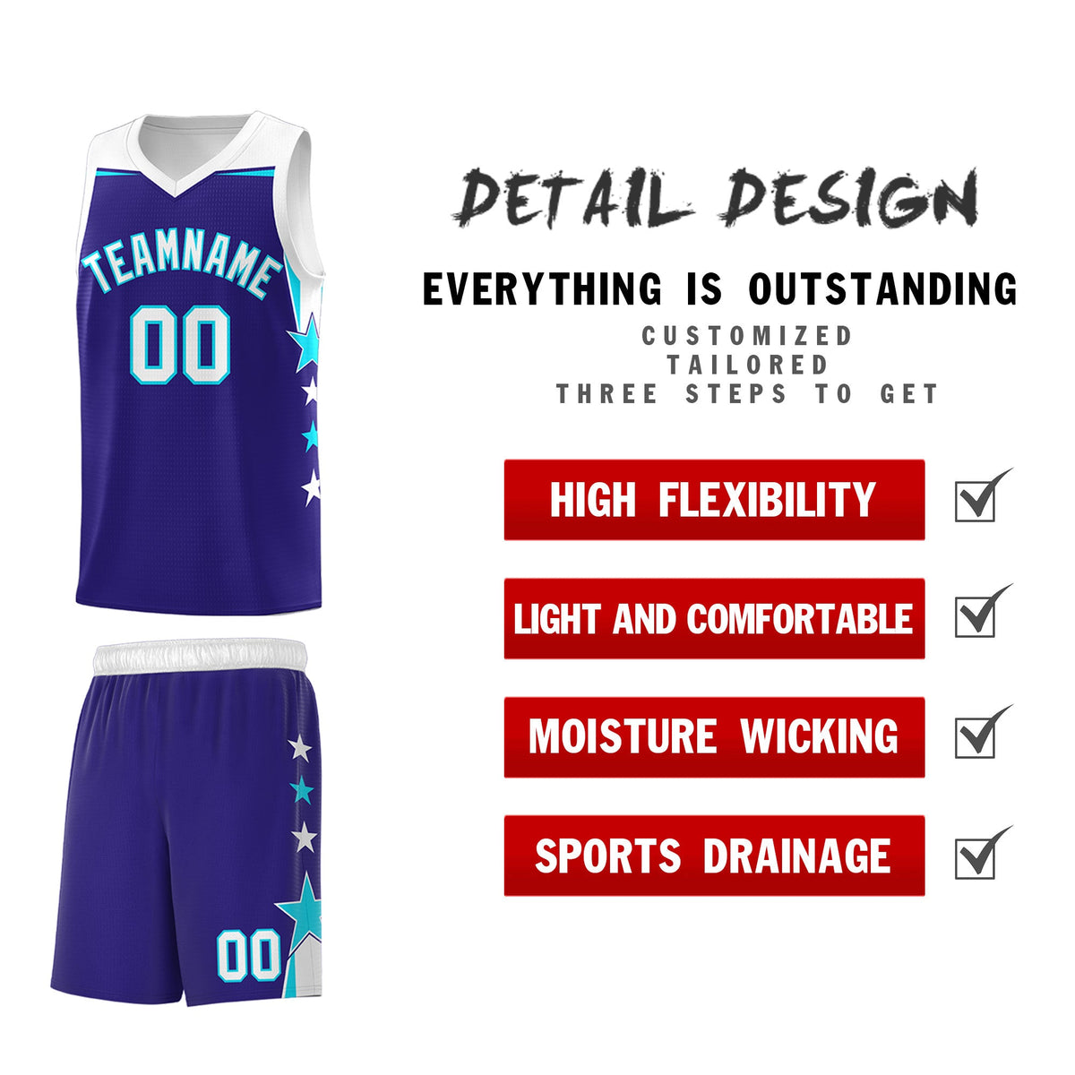 Custom Youth Basketball Uniform Royal White Two Tone Side Star Add Name Number &amp; Logo