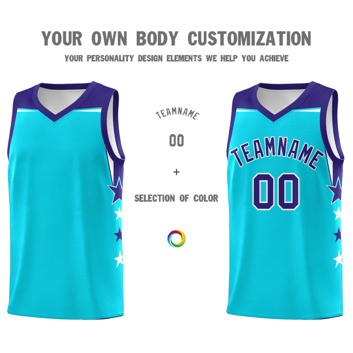 Custom Youth Basketball Uniform Sky Blue Royal Two Tone Side Star Personalized Team Jersey