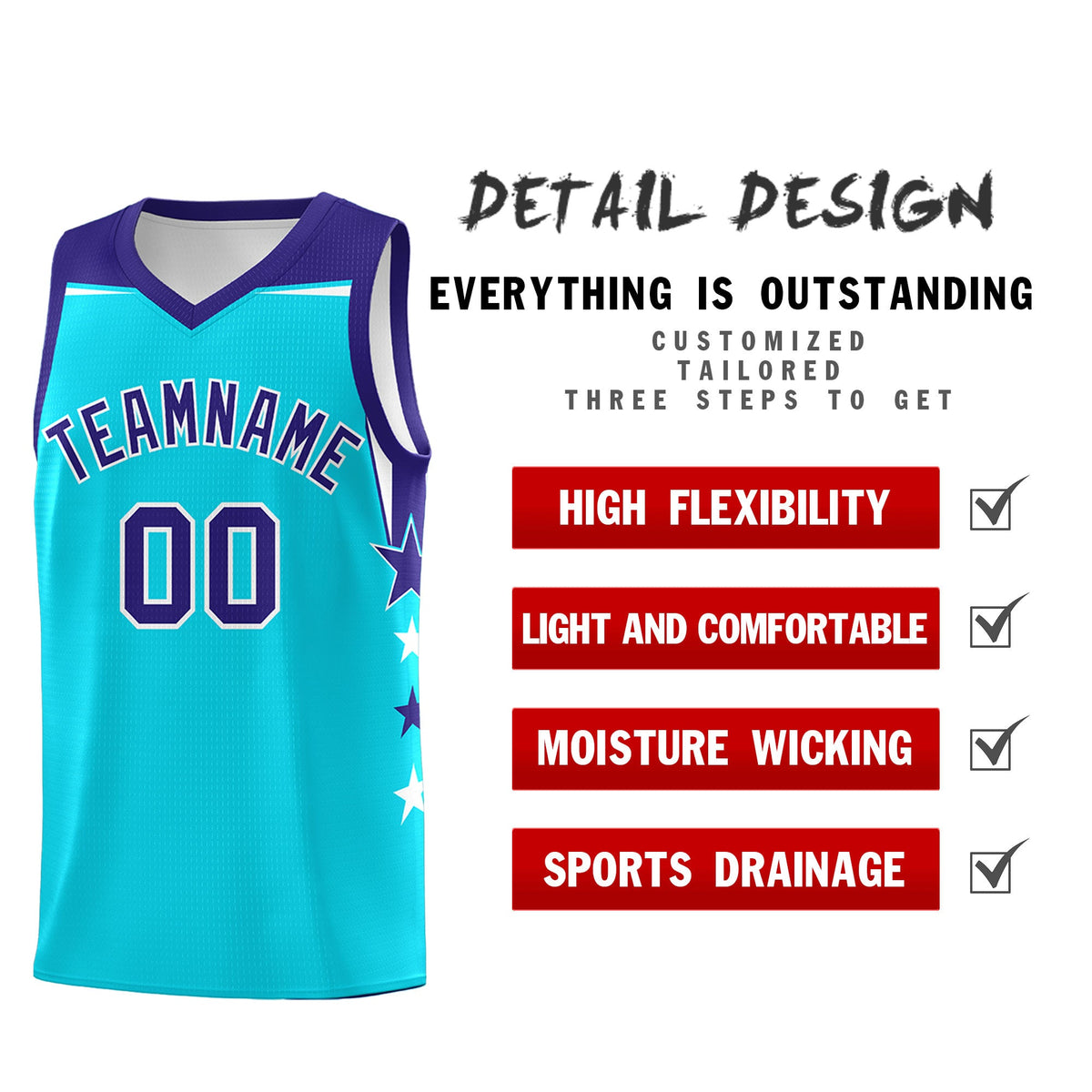 Custom Youth Basketball Uniform Sky Blue Royal Two Tone Side Star Personalized Team Jersey