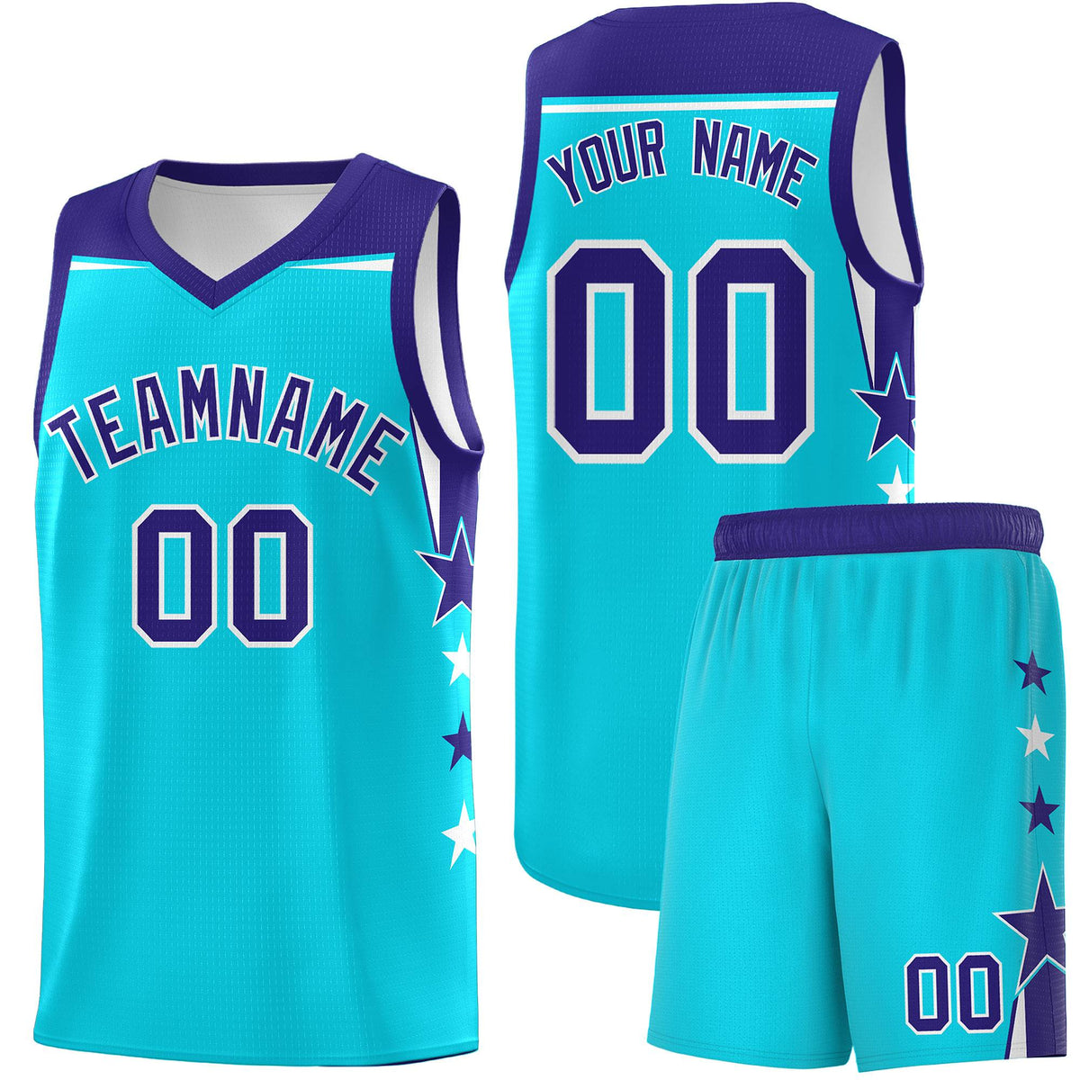 Custom Youth Basketball Uniform Sky Blue Royal Two Tone Side Star Personalized Team Jersey