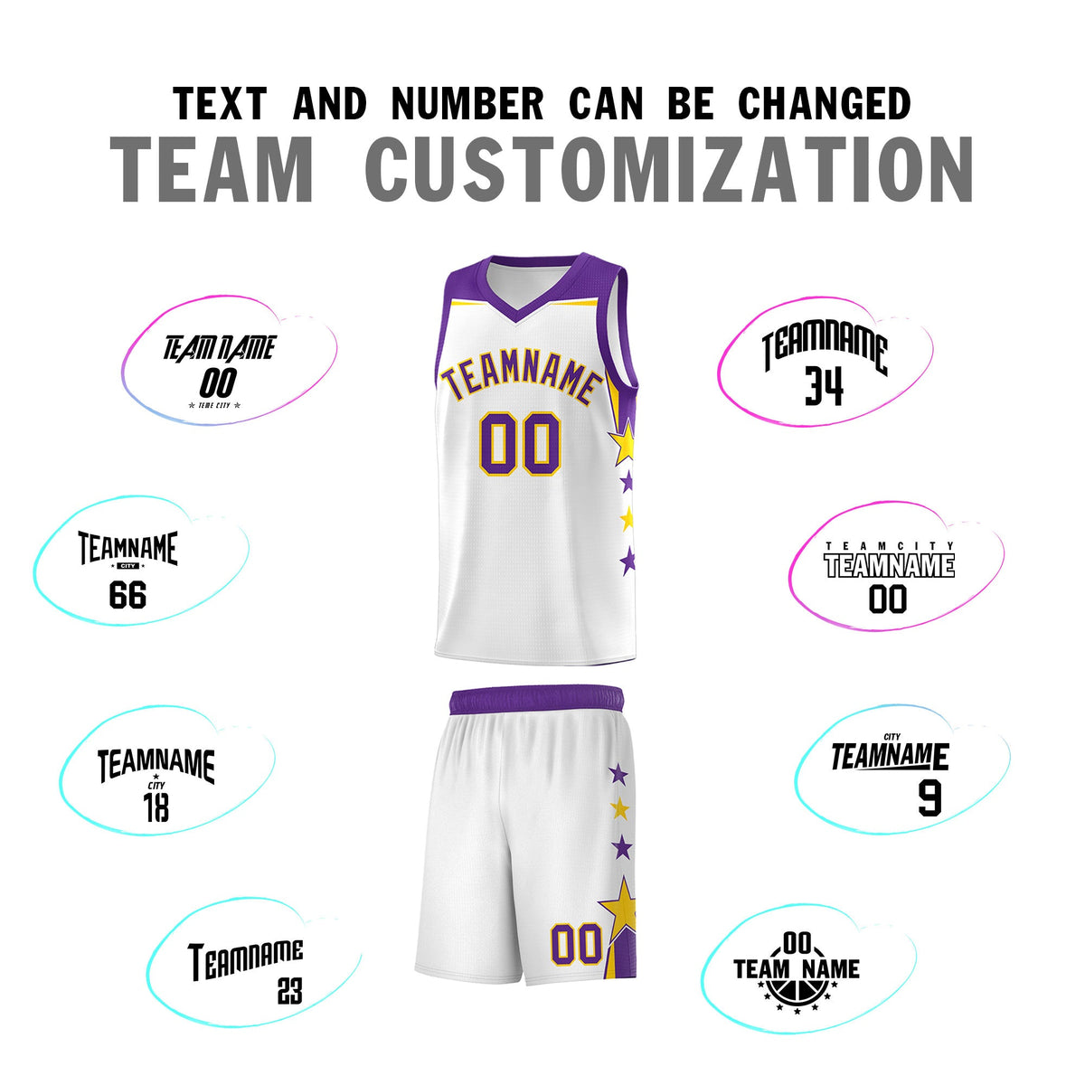 Custom Youth Basketball Uniform White Purple Two Tone Side Star Color Block Team Jersey
