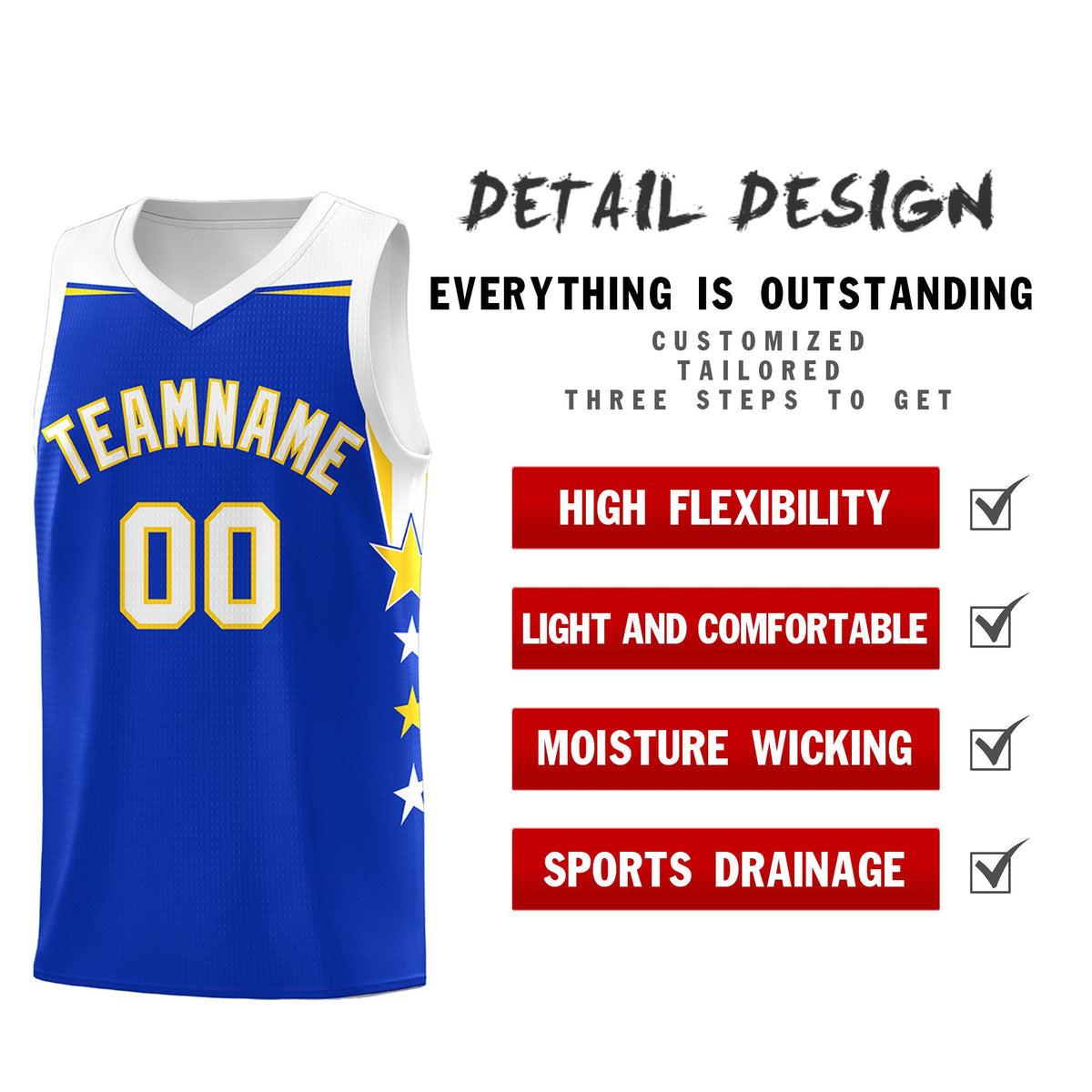 Custom Youth Basketball Uniform Royal White Two Tone Side Star Add Name Number &amp; Logo