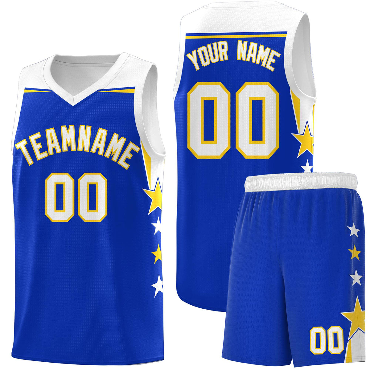Custom Youth Basketball Uniform Royal White Two Tone Side Star Add Name Number &amp; Logo