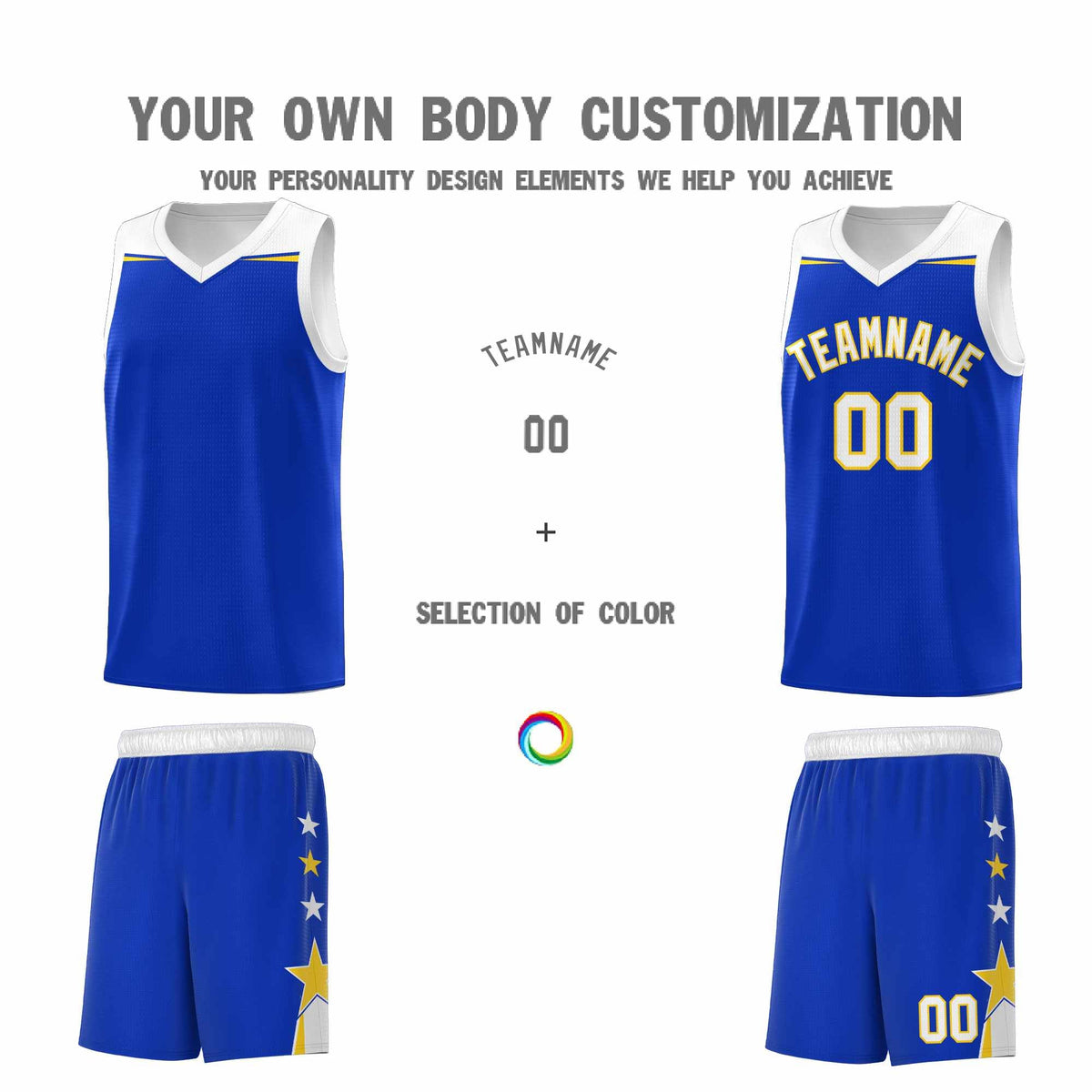 Custom Youth Basketball Uniform Royal White Two Tone Side Star Add Name Number &amp; Logo