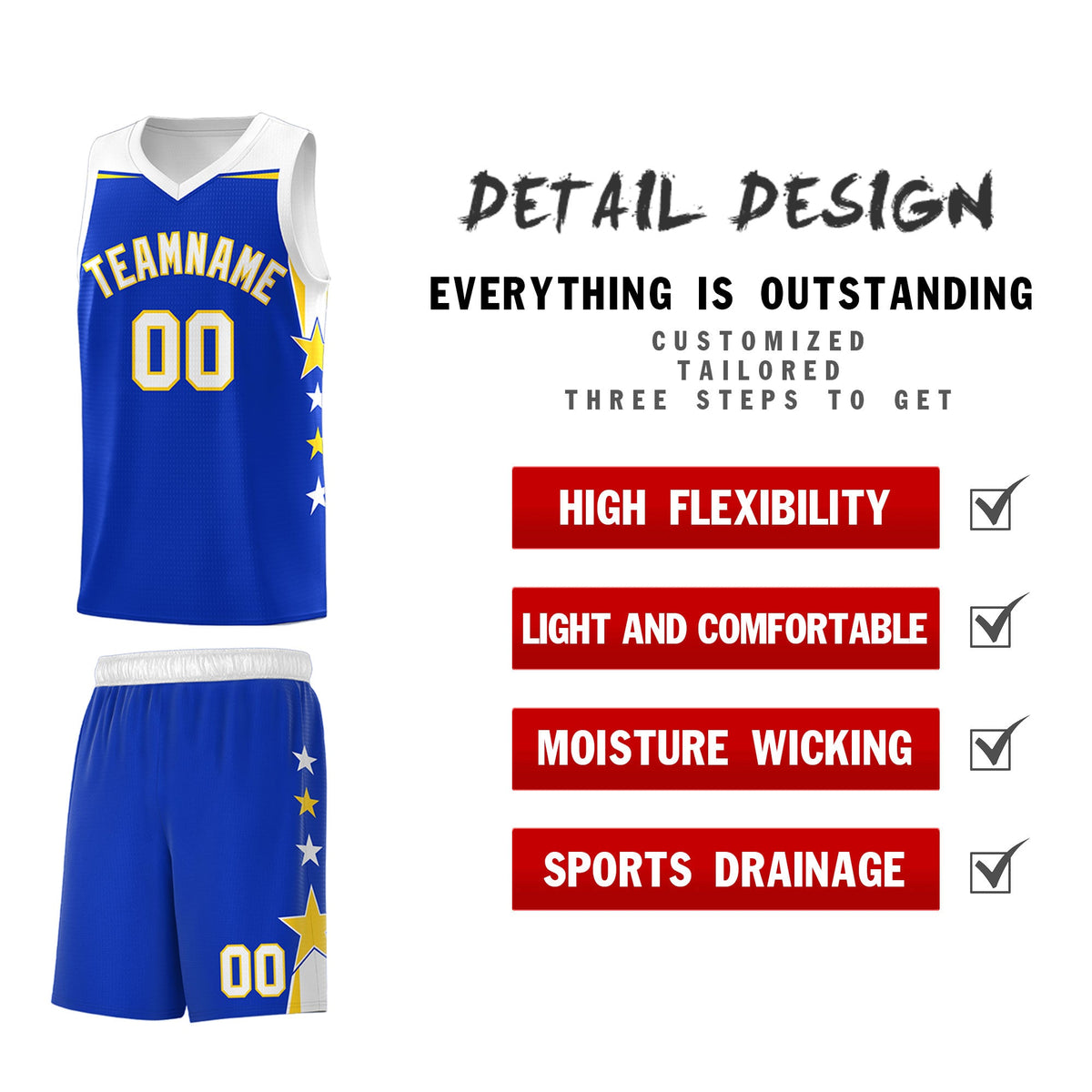 Custom Youth Basketball Uniform Royal White Two Tone Side Star Add Name Number &amp; Logo