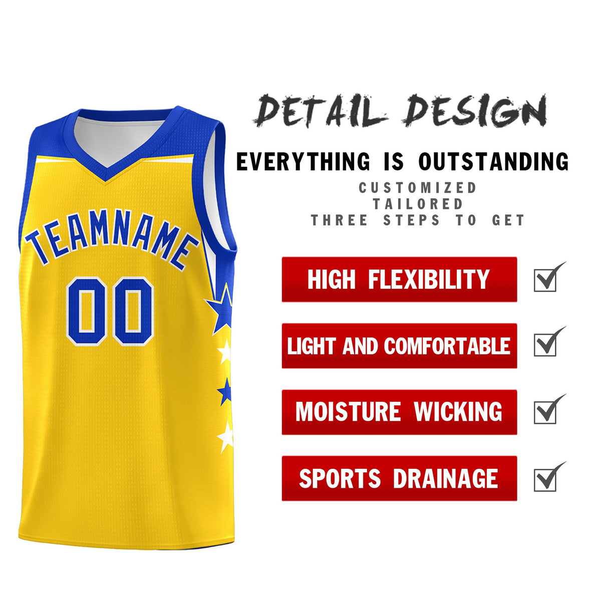 Custom Youth Basketball Uniform Gold Royal Two Tone Side Star Personalized Team Jersey