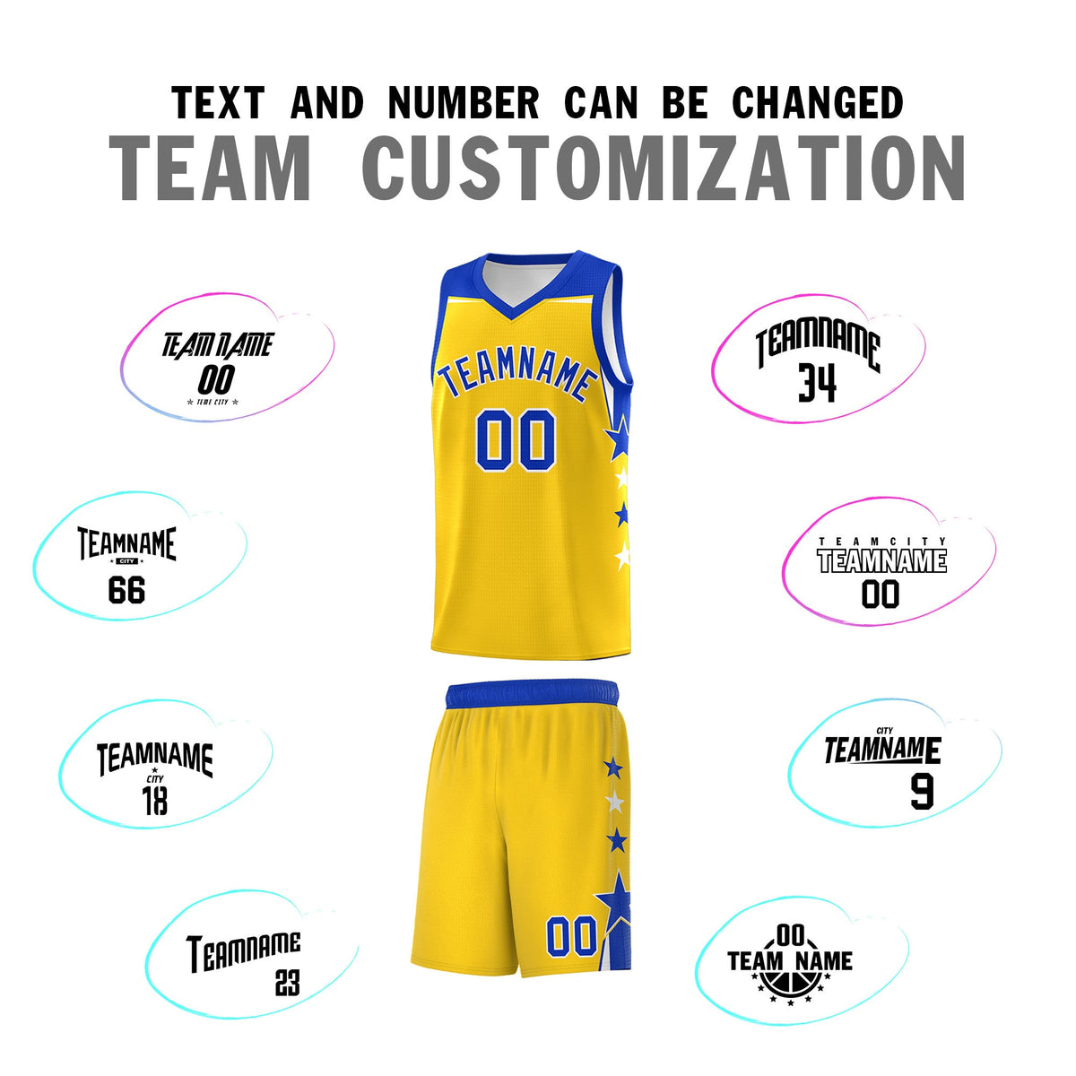 Custom Youth Basketball Uniform Gold Royal Two Tone Side Star Personalized Team Jersey