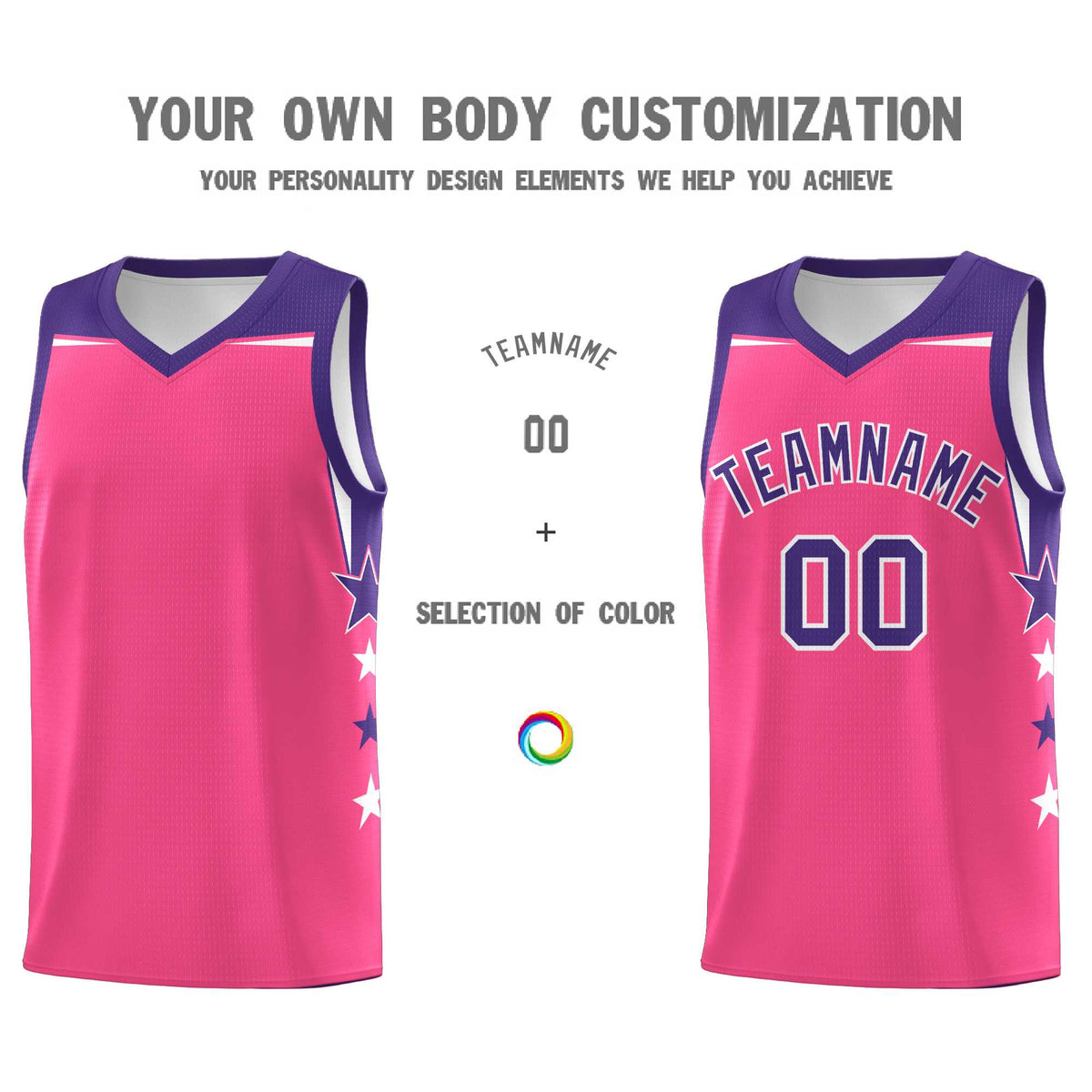 Custom Youth Basketball Uniform Pink Purple Two Tone Side Star Add Name Number & Logo