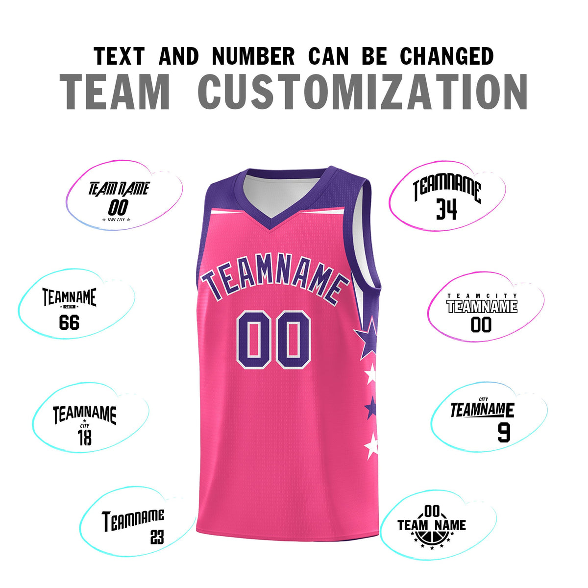 Custom Youth Basketball Uniform Pink Purple Two Tone Side Star Add Name Number & Logo
