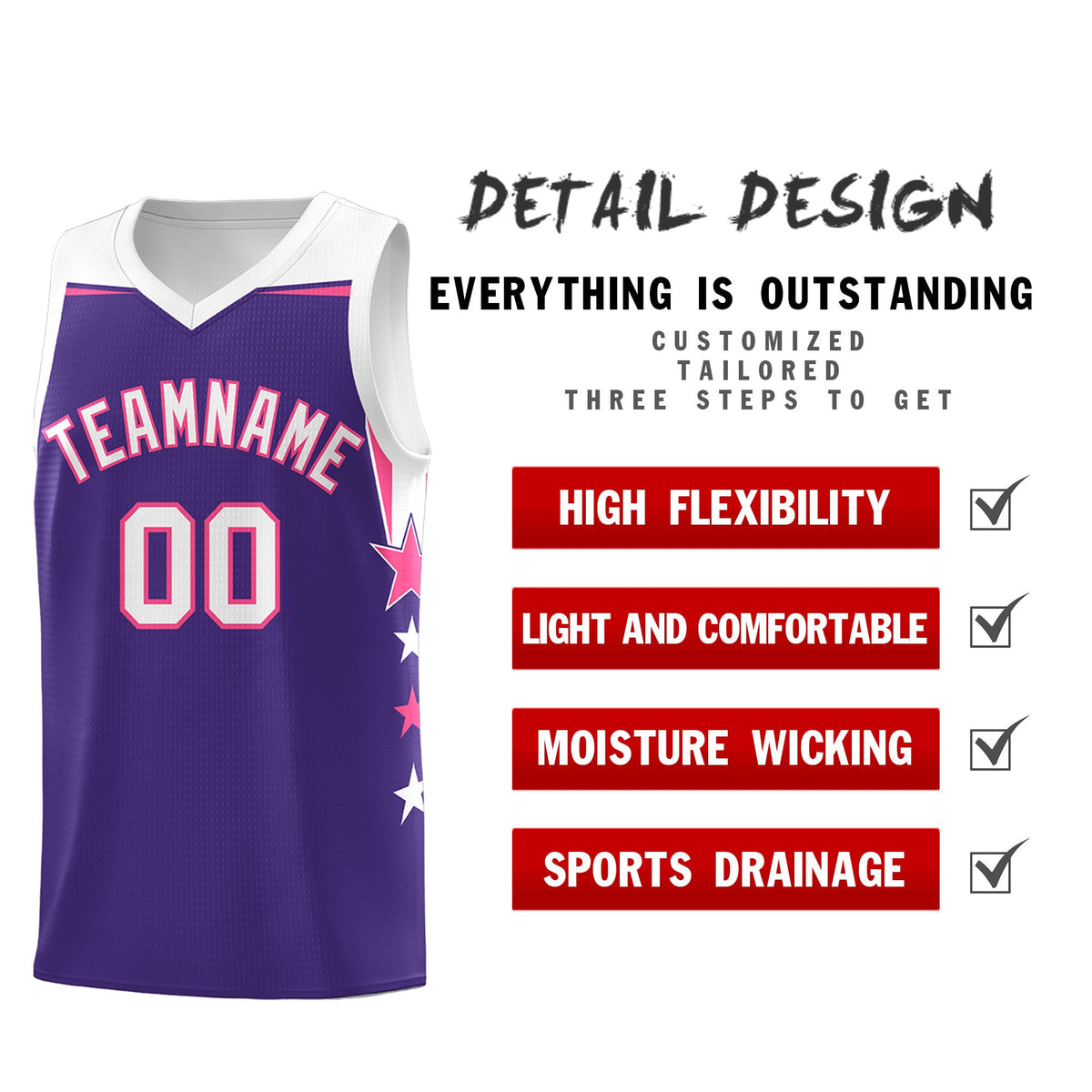 Custom Youth Basketball Uniform Purple White Two Tone Side Star Personalized Team Jersey