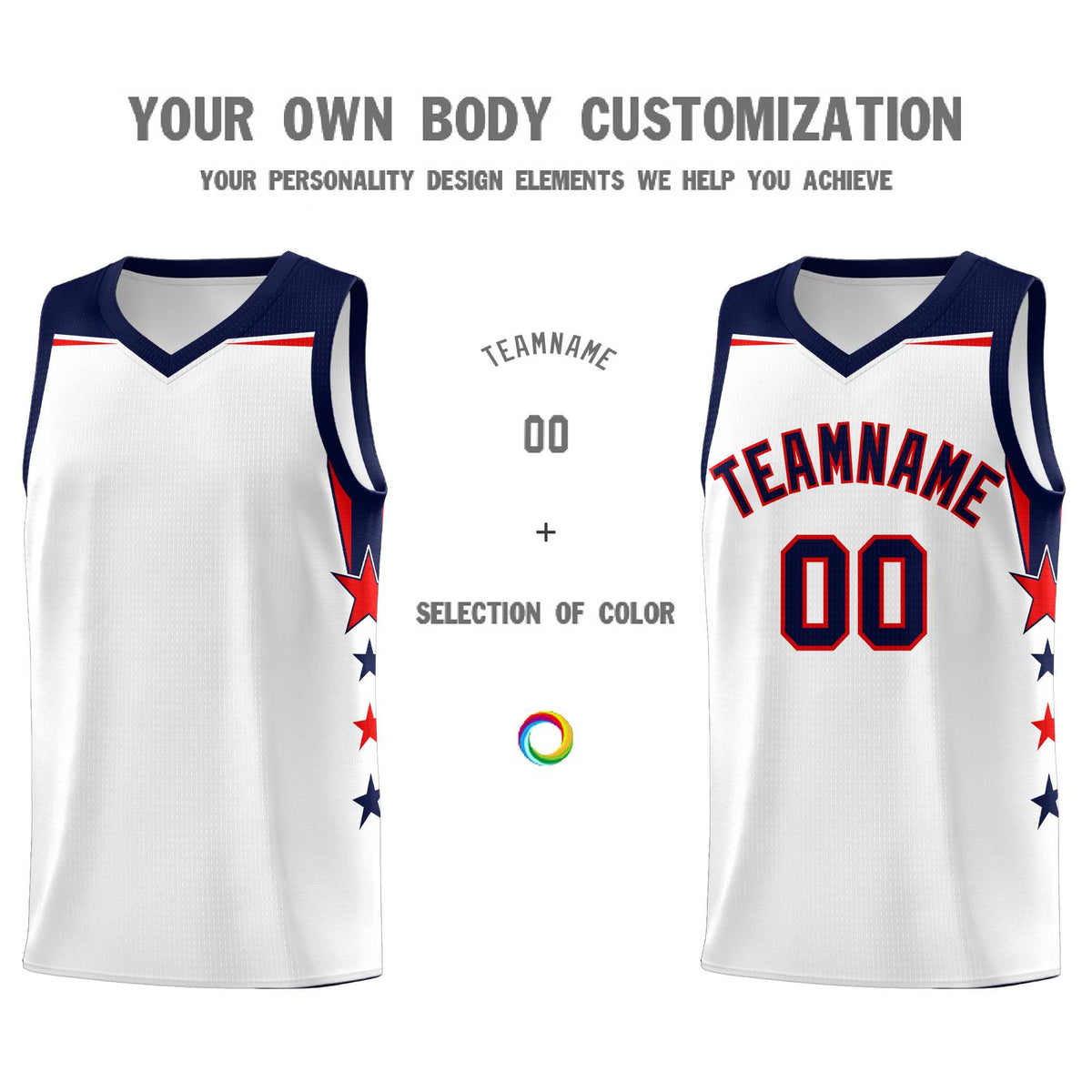 Custom Youth Basketball Uniform White Navy Two Tone Side Star Color Block Team Jersey