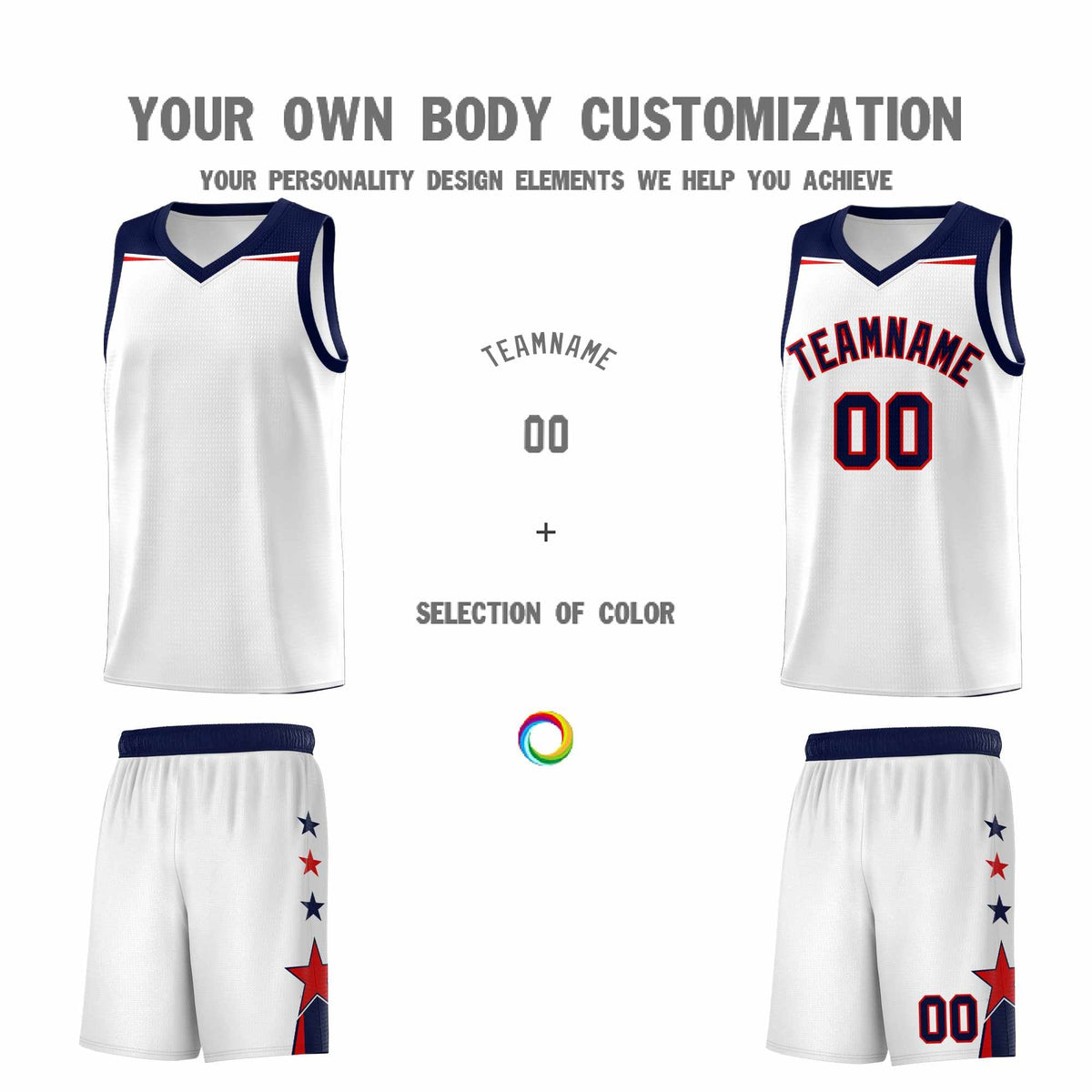 Custom Youth Basketball Uniform White Navy Two Tone Side Star Color Block Team Jersey