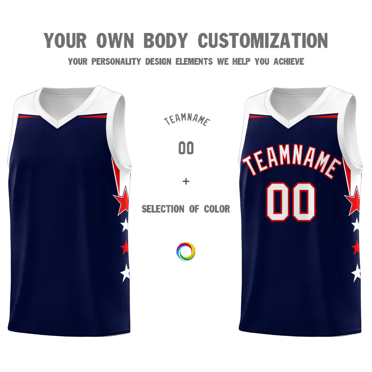 Custom Youth Basketball Uniform Navy White Two Tone Side Star Add Name Number &amp; Logo