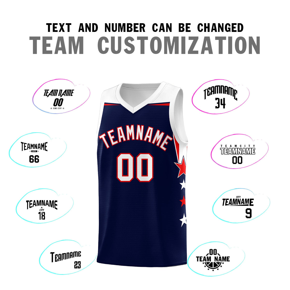Custom Youth Basketball Uniform Navy White Two Tone Side Star Add Name Number &amp; Logo