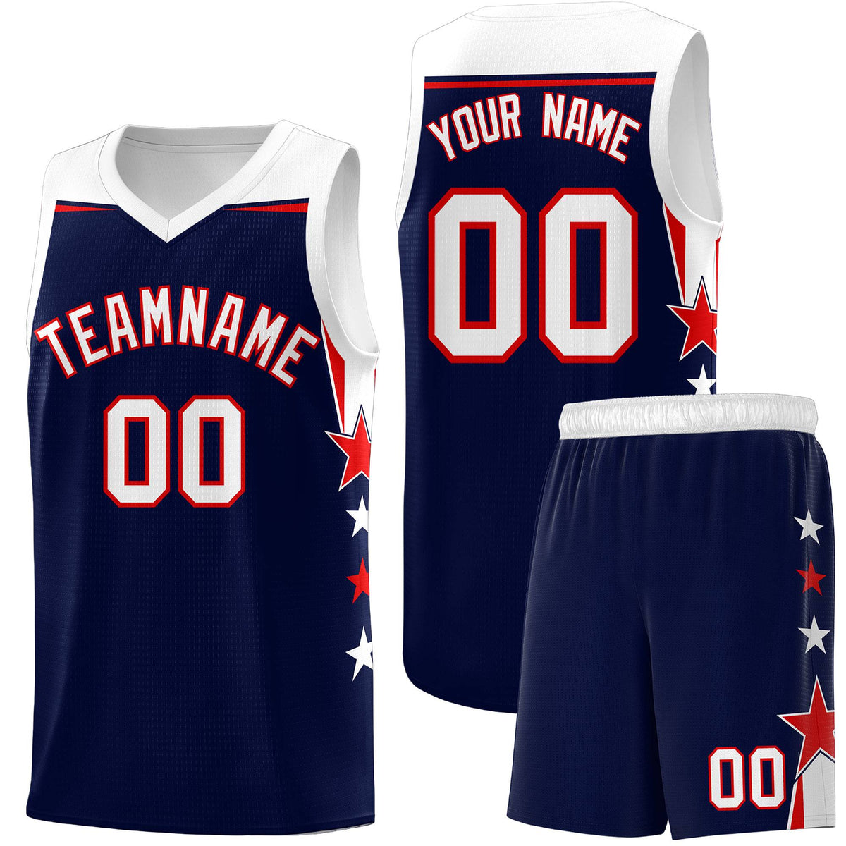 Custom Youth Basketball Uniform Navy White Two Tone Side Star Add Name Number &amp; Logo