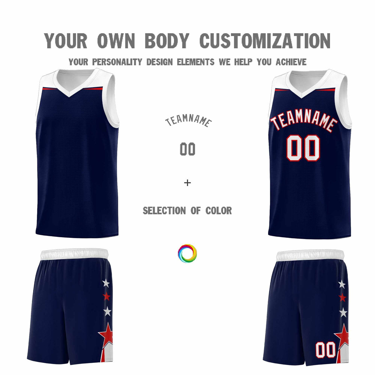 Custom Youth Basketball Uniform Navy White Two Tone Side Star Add Name Number &amp; Logo