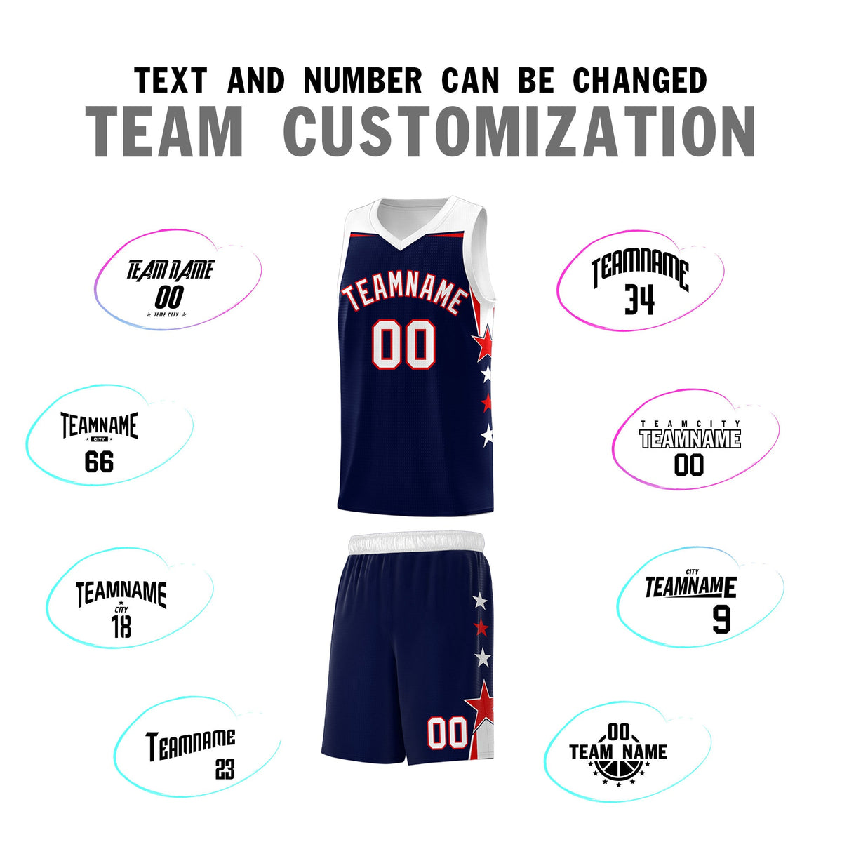 Custom Youth Basketball Uniform Navy White Two Tone Side Star Add Name Number &amp; Logo