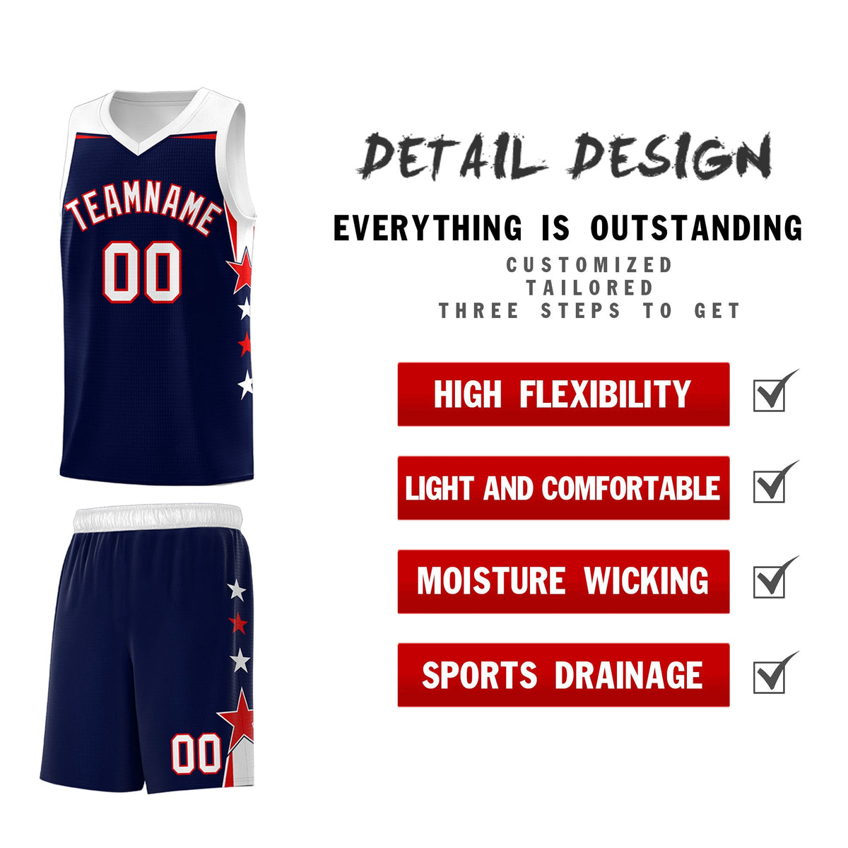 Custom Youth Basketball Uniform Navy White Two Tone Side Star Add Name Number &amp; Logo