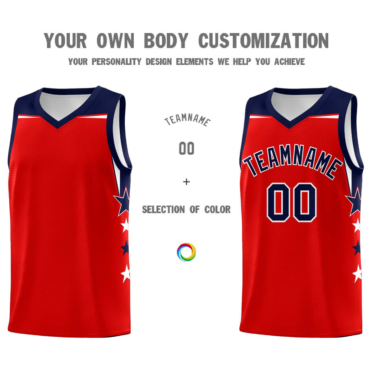 Custom Youth Basketball Uniform Red Navy Two Tone Side Star Personalized Team Jersey