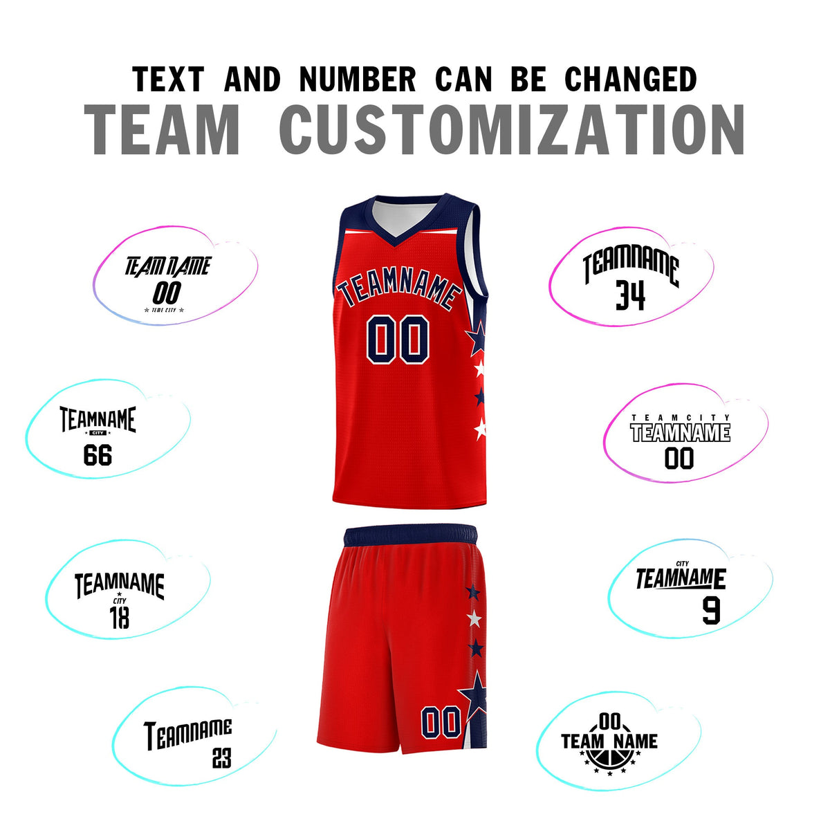 Custom Youth Basketball Uniform Red Navy Two Tone Side Star Personalized Team Jersey