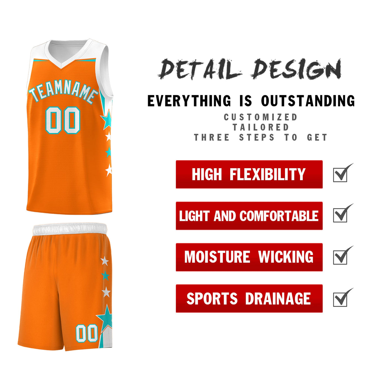 Custom Youth Basketball Uniform Orange White Two Tone Side Star Add Name Number &amp; Logo