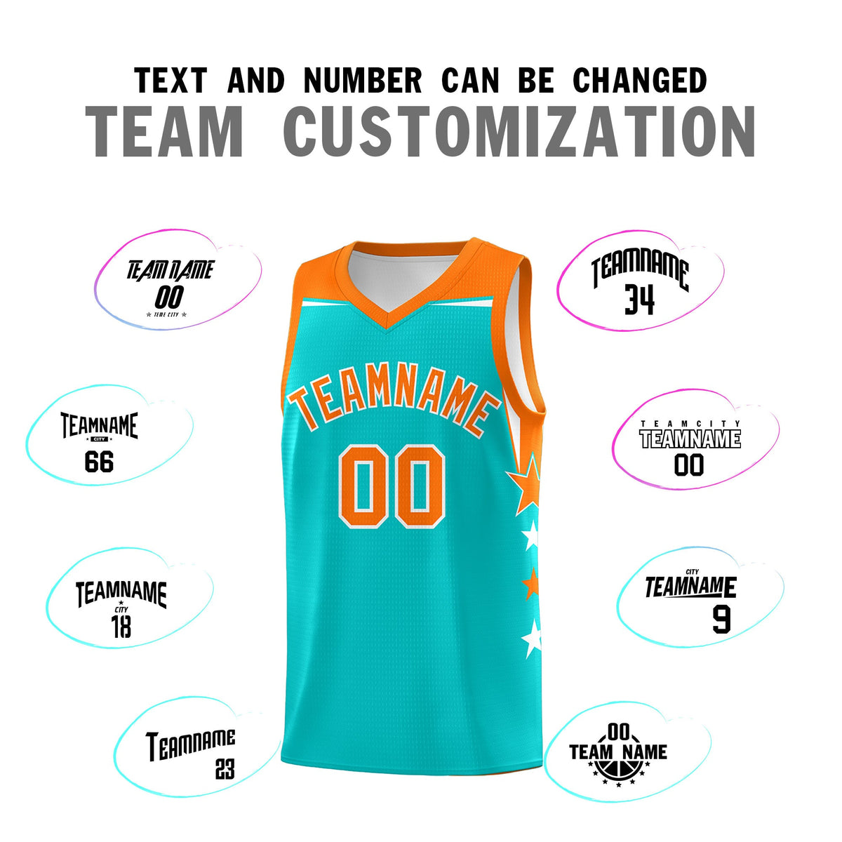 Custom Youth Basketball Uniform Aqua Orange Two Tone Side Star Personalized Team Jersey