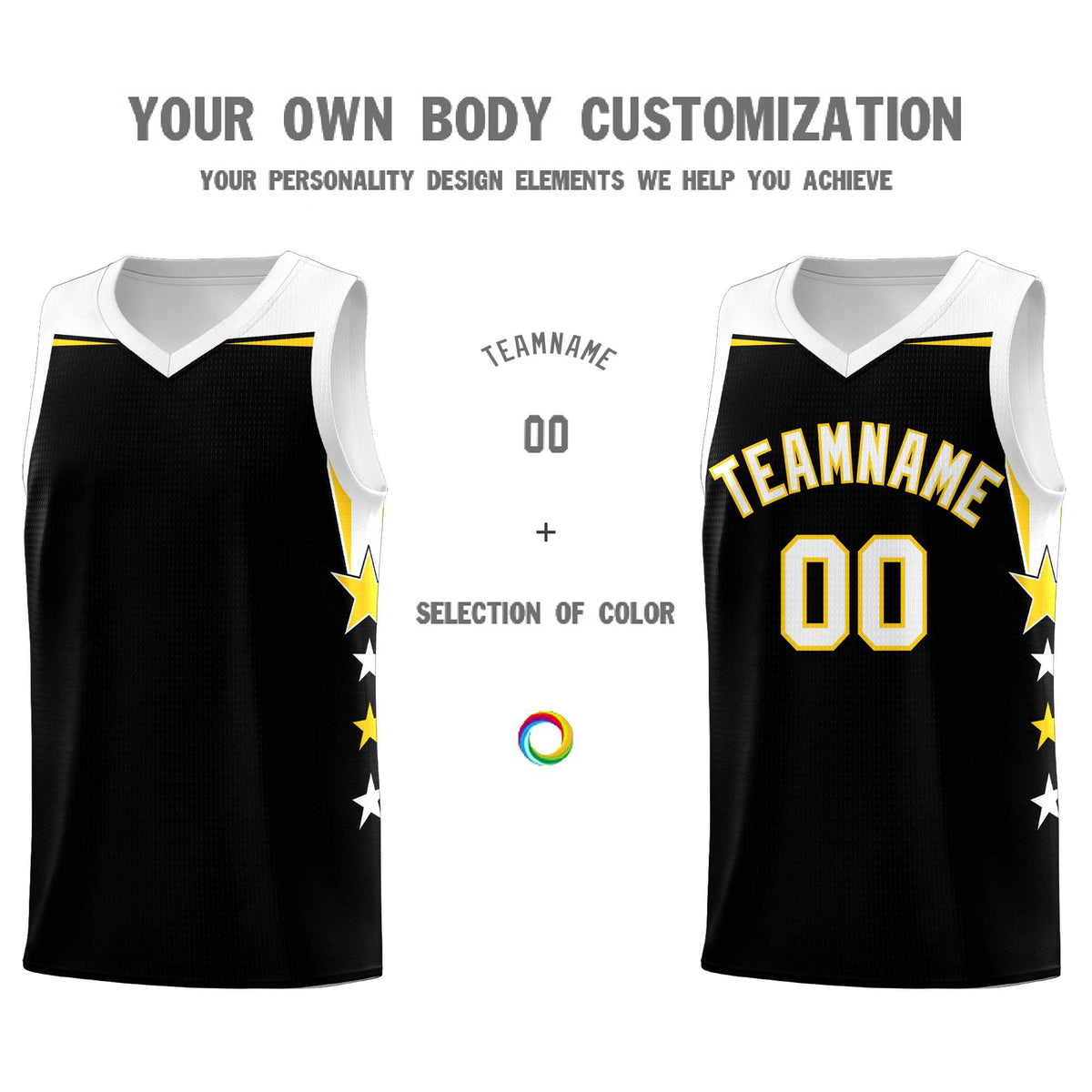 Custom Youth Basketball Uniform Black White Two Tone Side Star Add Name Number &amp; Logo