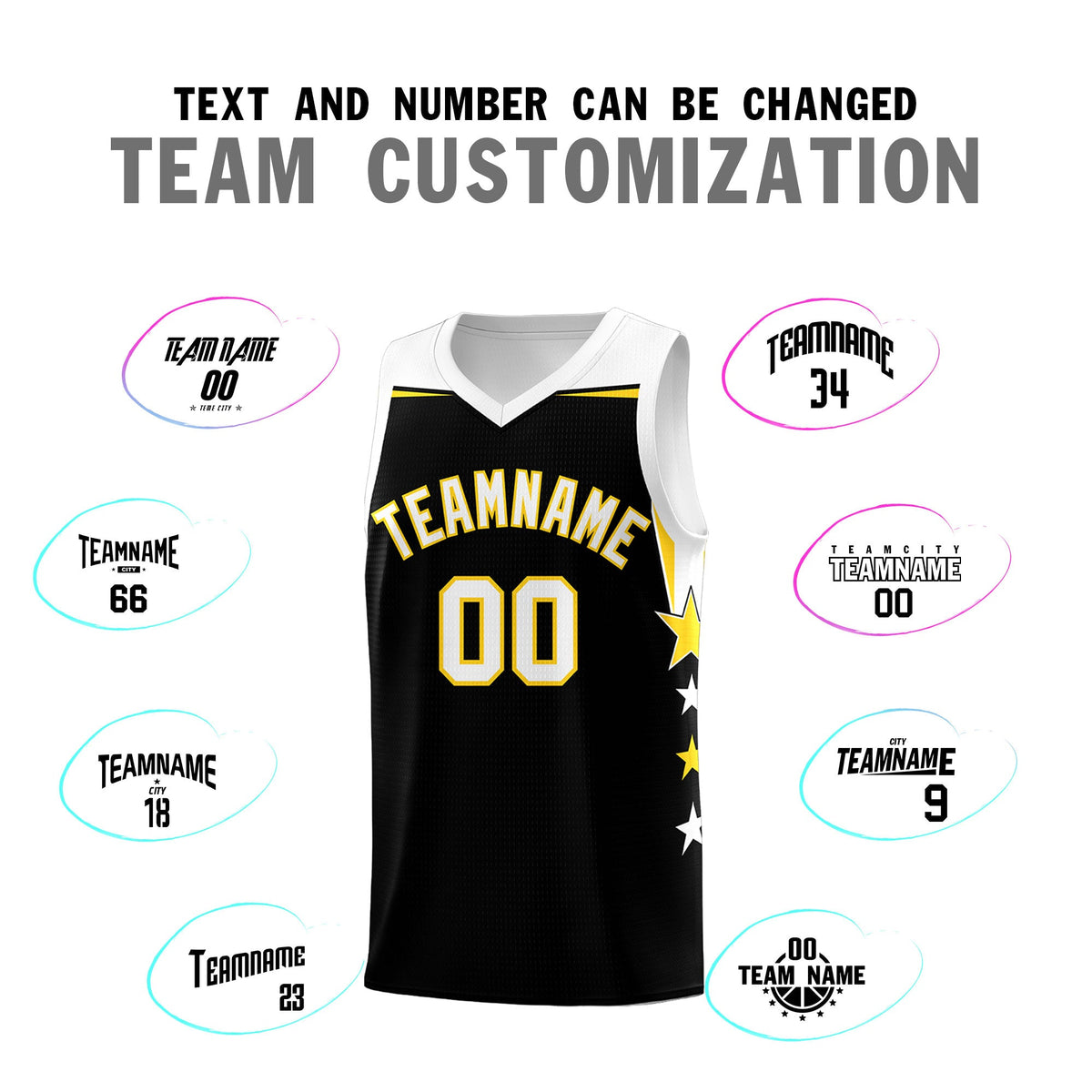 Custom Youth Basketball Uniform Black White Two Tone Side Star Add Name Number &amp; Logo