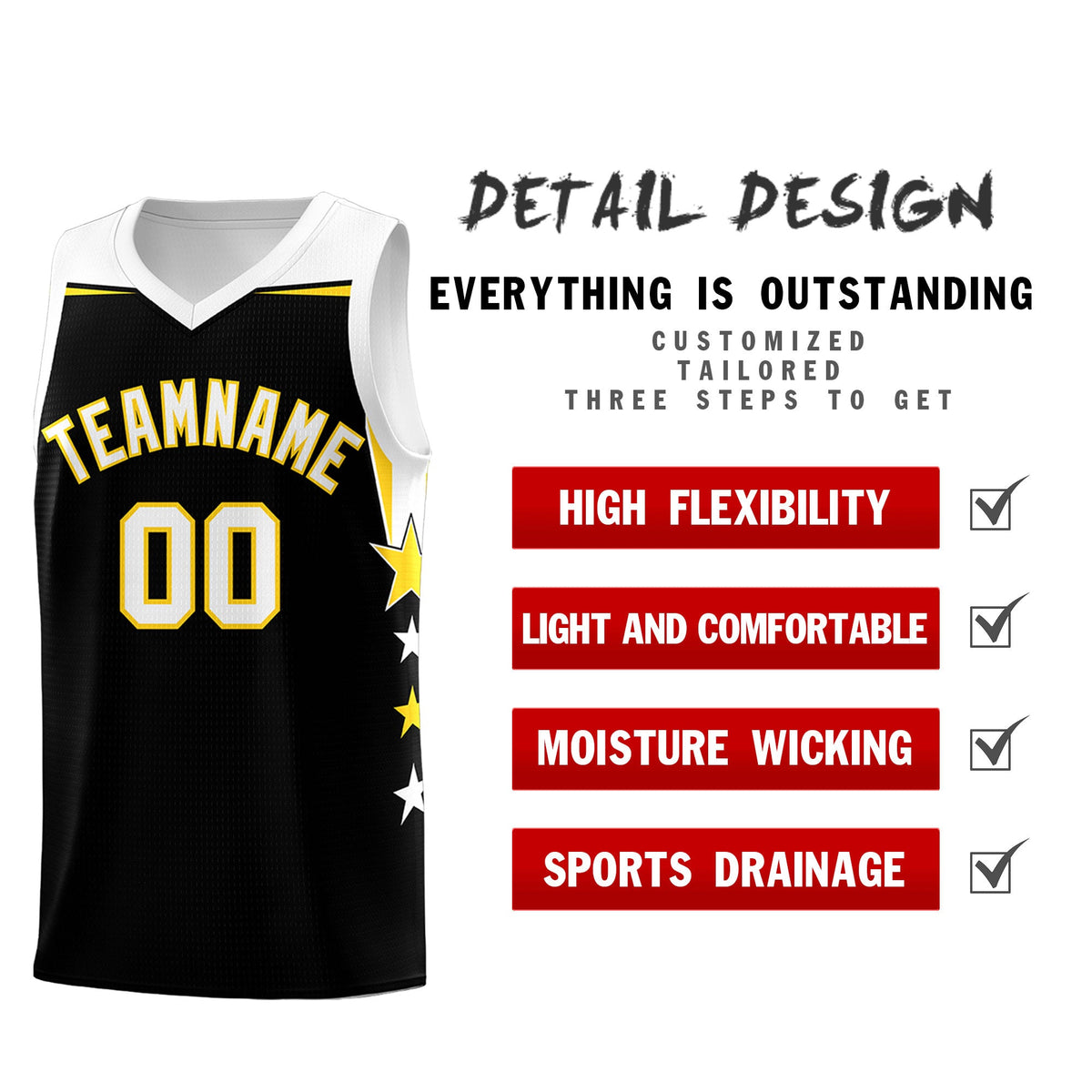 Custom Youth Basketball Uniform Black White Two Tone Side Star Add Name Number &amp; Logo