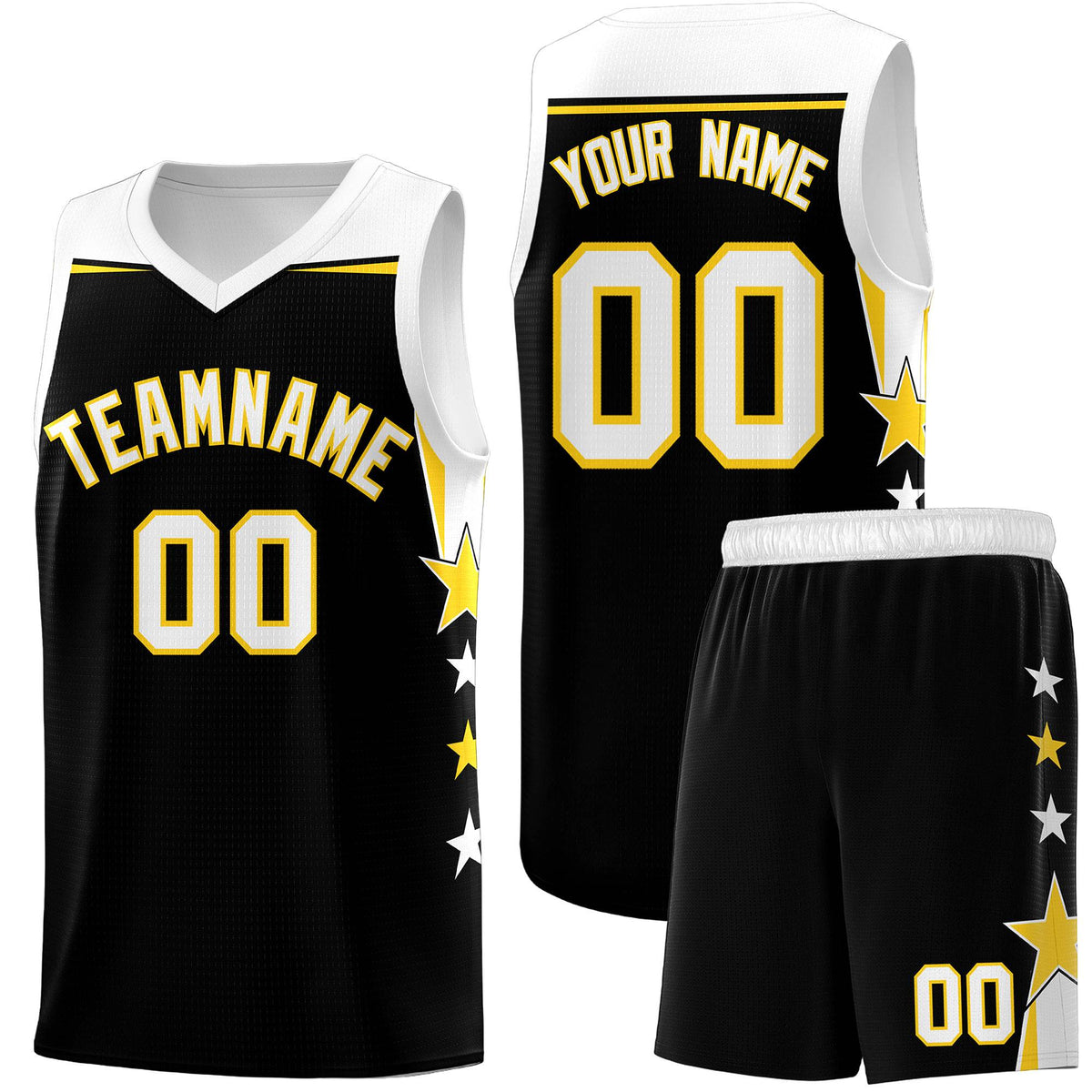Custom Youth Basketball Uniform Black White Two Tone Side Star Add Name Number &amp; Logo