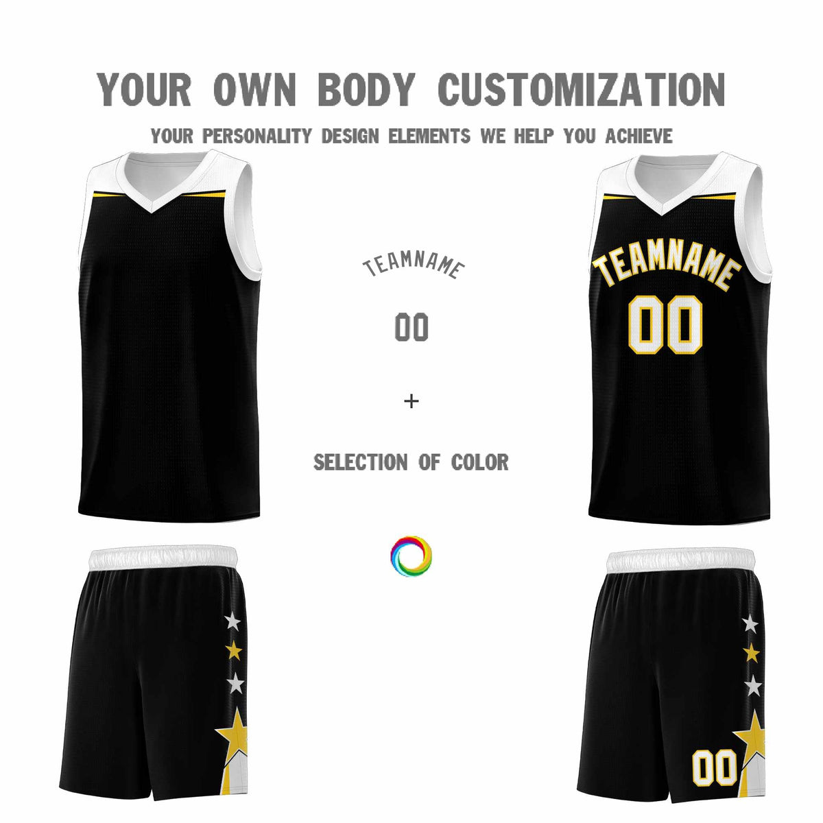 Custom Youth Basketball Uniform Black White Two Tone Side Star Add Name Number &amp; Logo