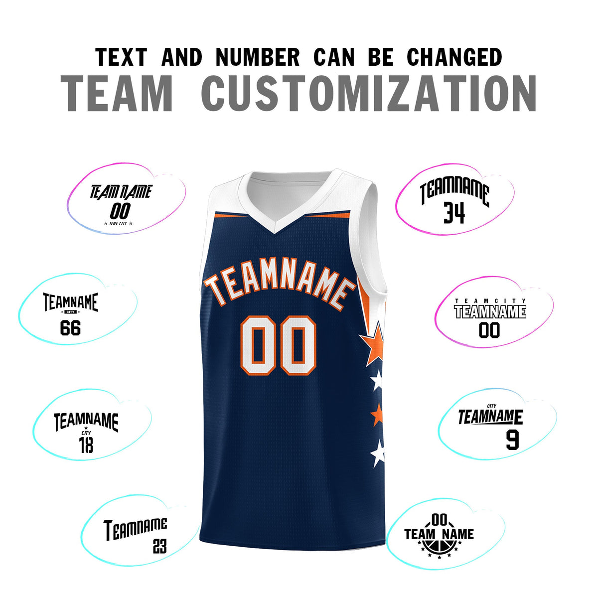 Custom Youth Basketball Uniform Navy White Two Tone Side Star Add Name Number &amp; Logo
