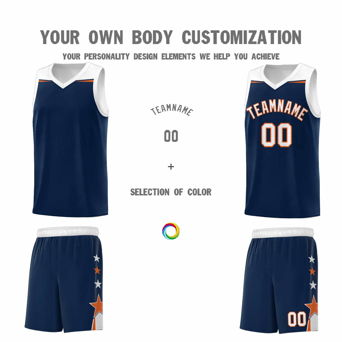 Custom Youth Basketball Uniform Navy White Two Tone Side Star Add Name Number &amp; Logo