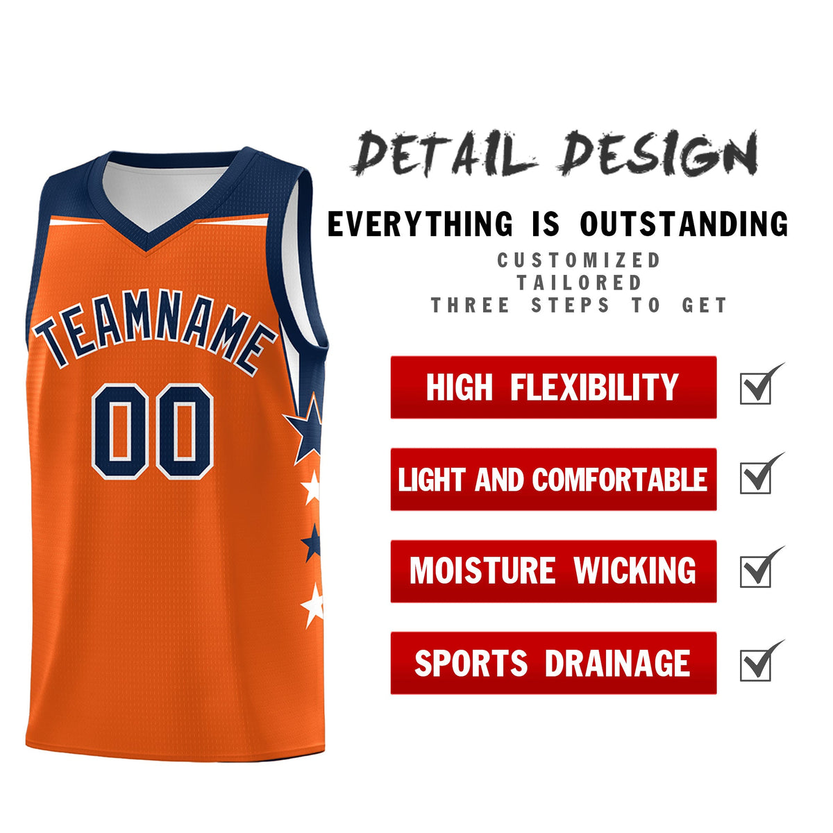 Custom Youth Basketball Uniform Orange Navy Two Tone Side Star Personalized Team Jersey