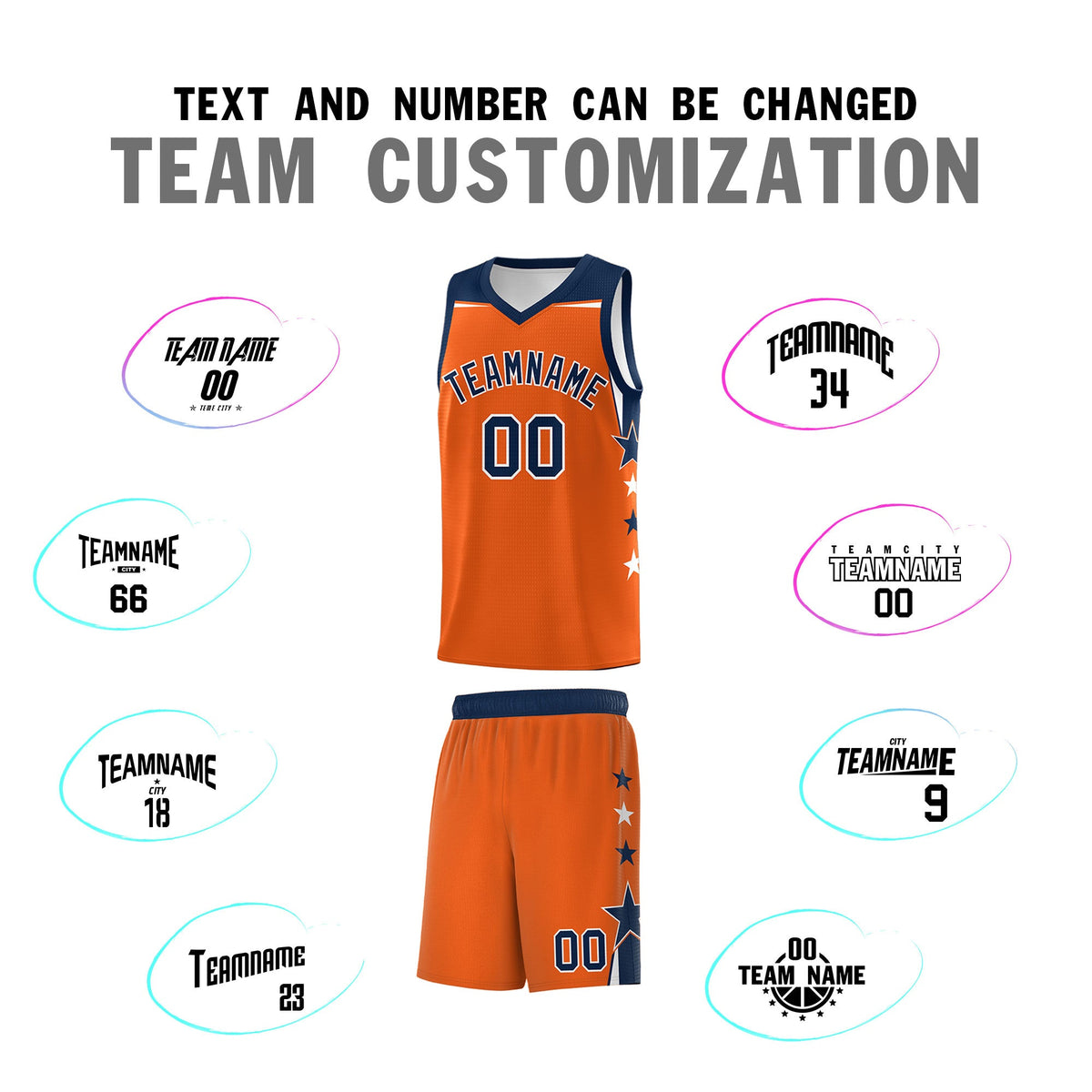 Custom Youth Basketball Uniform Orange Navy Two Tone Side Star Personalized Team Jersey
