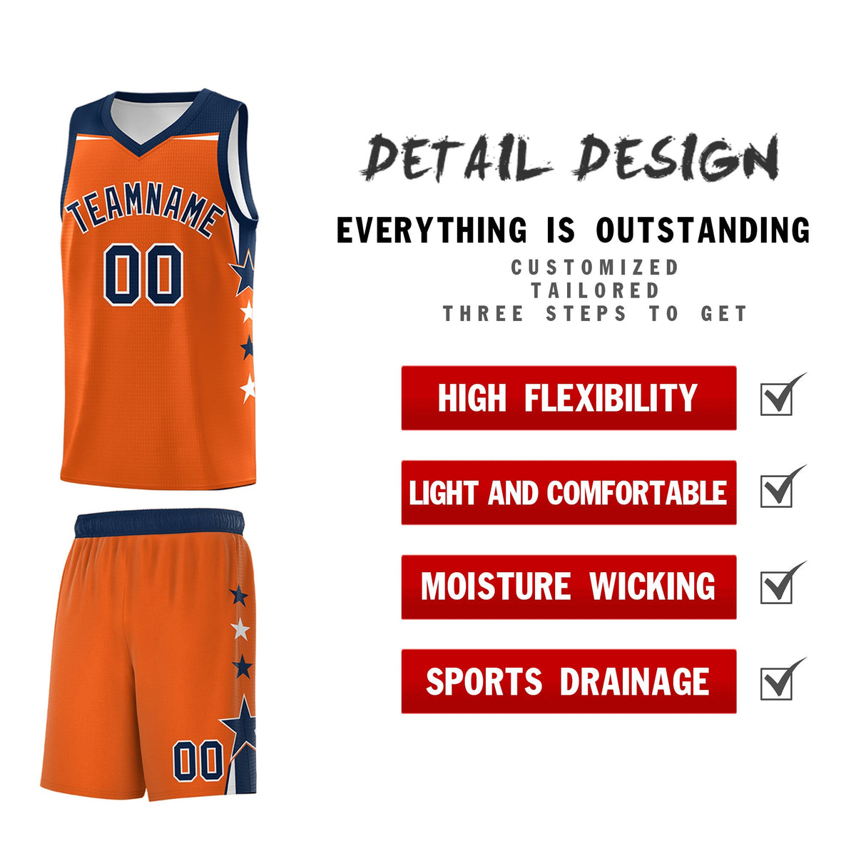 Custom Youth Basketball Uniform Orange Navy Two Tone Side Star Personalized Team Jersey