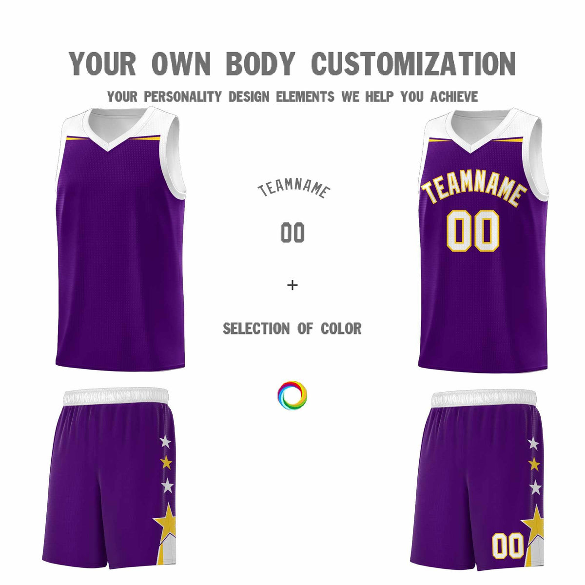 Custom Youth Basketball Uniform Purple White Two Tone Side Star Add Name Number &amp; Logo
