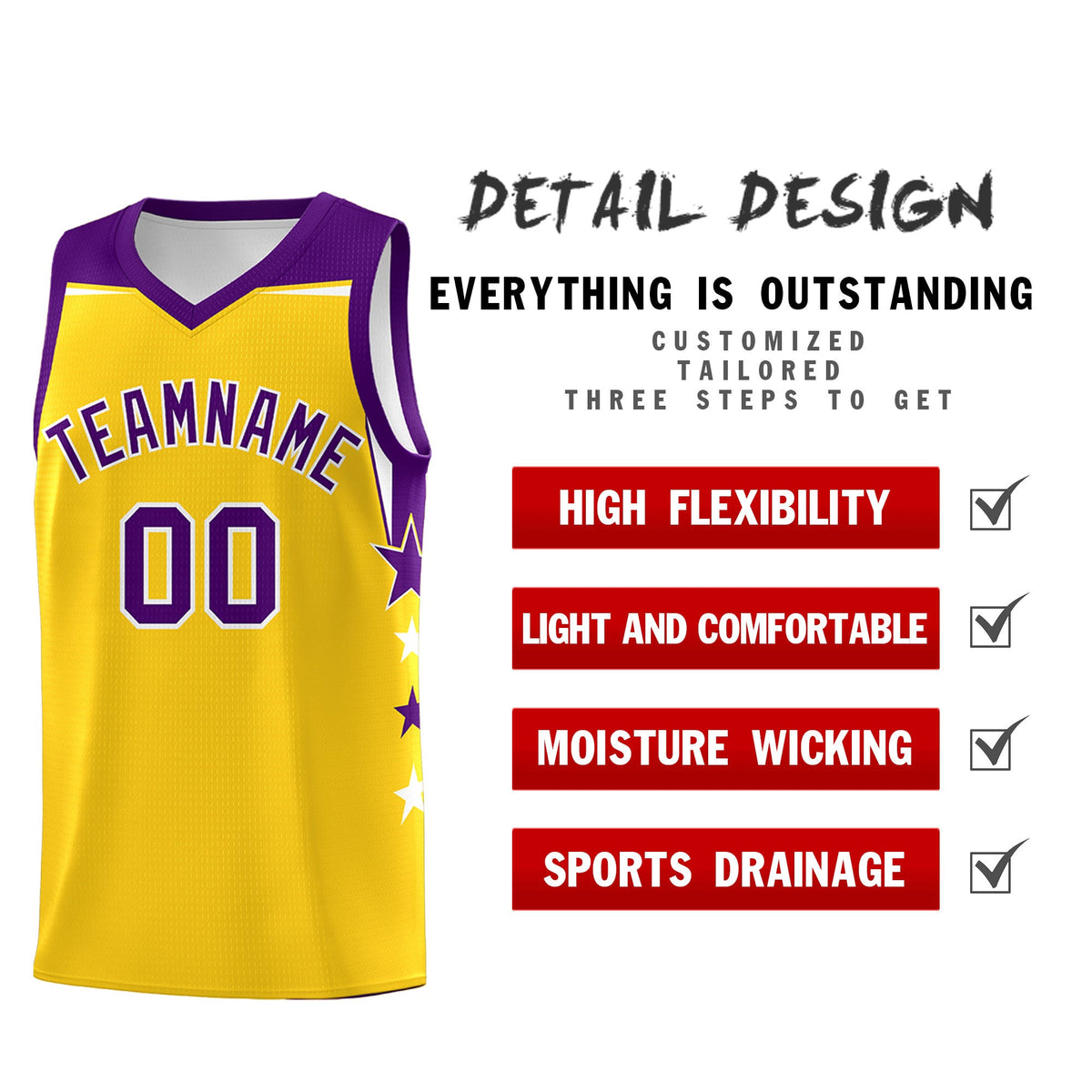 Custom Youth Basketball Uniform Gold Purple Two Tone Side Star Personalized Team Jersey