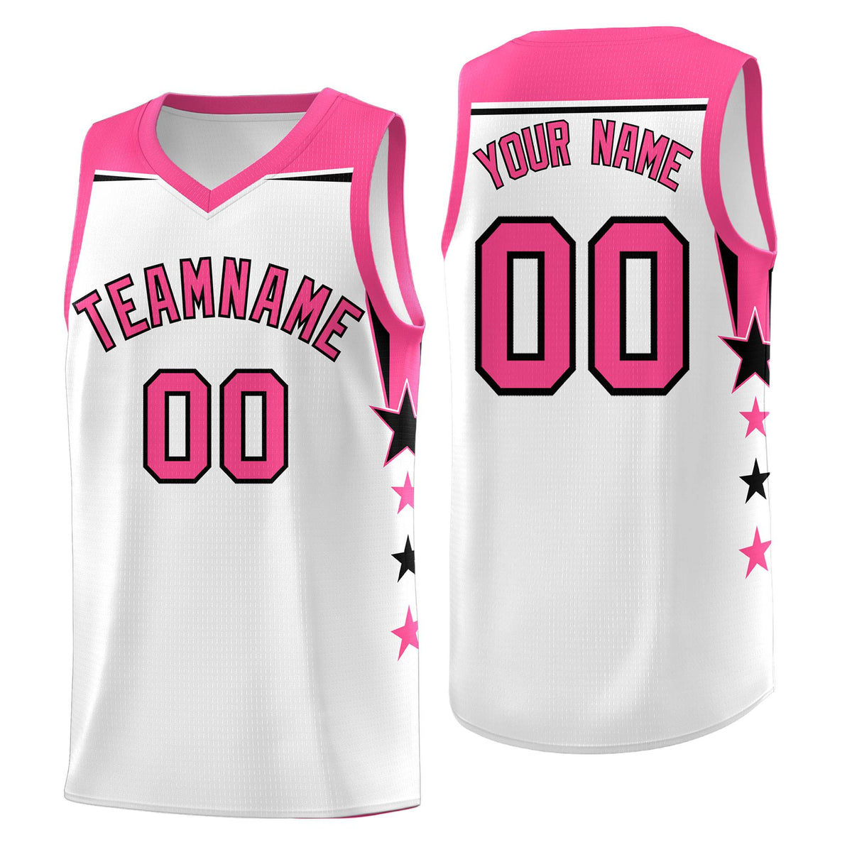 Custom Youth Basketball Uniform White Pink Two Tone Side Star Color Block Team Jersey