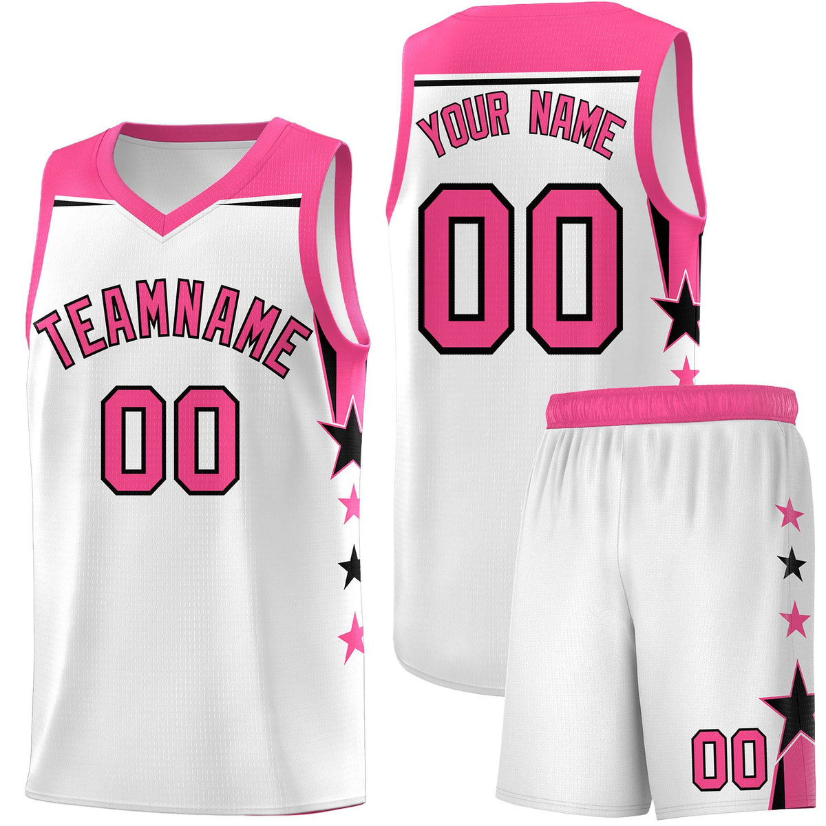 Custom Youth Basketball Uniform White Pink Two Tone Side Star Color Block Team Jersey