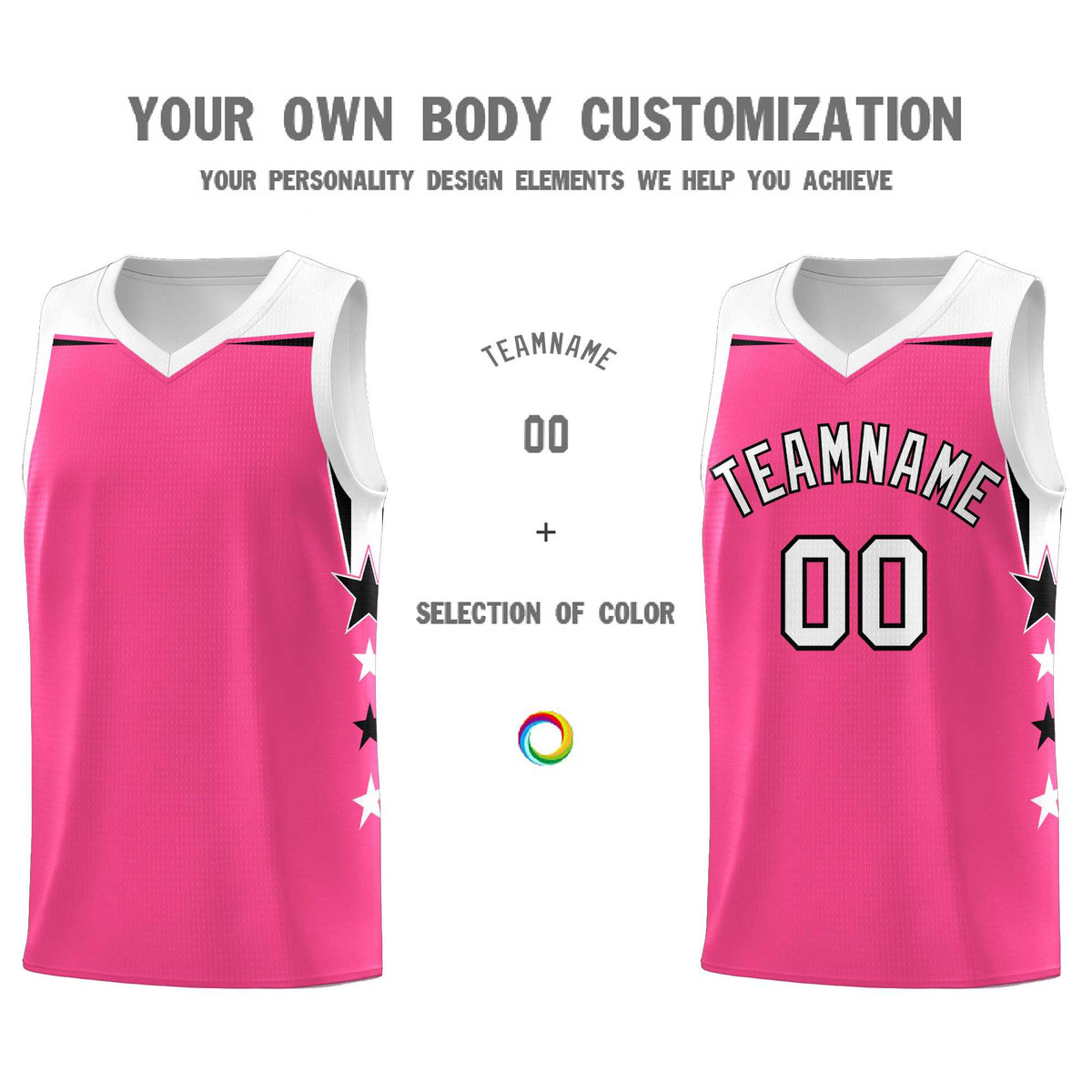 Custom Youth Basketball Uniform Pink White Two Tone Side Star Add Name Number &amp; Logo