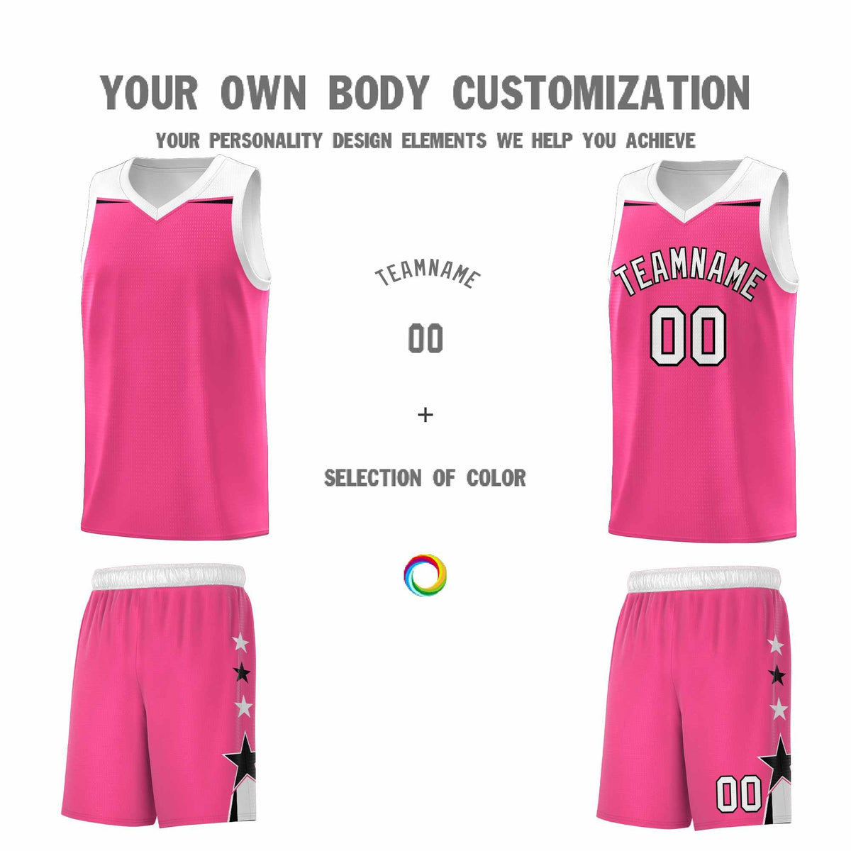 Custom Youth Basketball Uniform Pink White Two Tone Side Star Add Name Number &amp; Logo