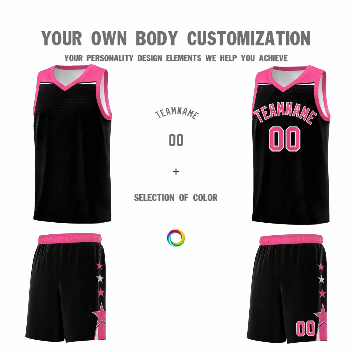 Custom Youth Basketball Uniform Black Pink Two Tone Side Star Personalized Team Jersey