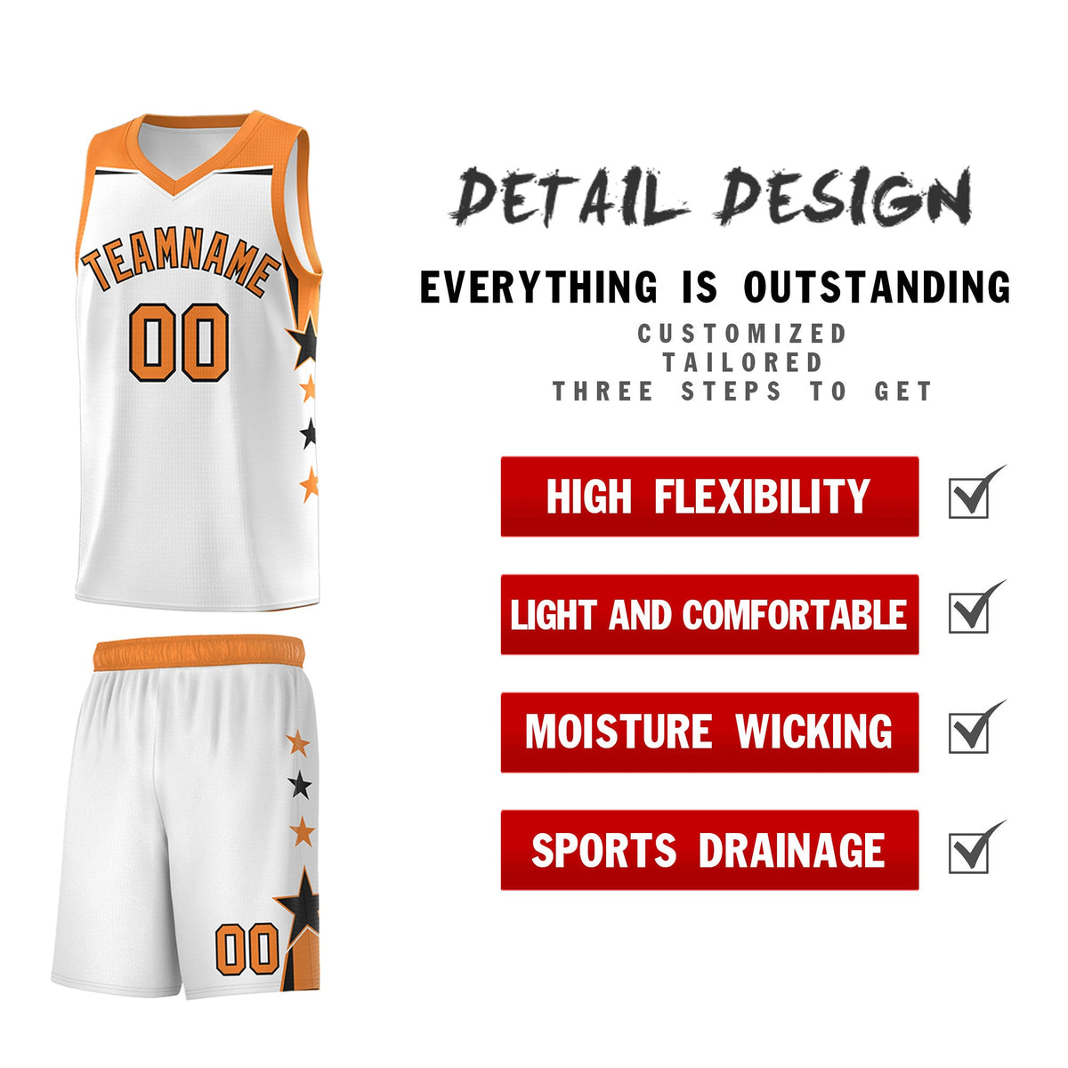 Custom Youth Basketball Uniform White Gold Orange Two Tone Side Star Color Block Team Jersey