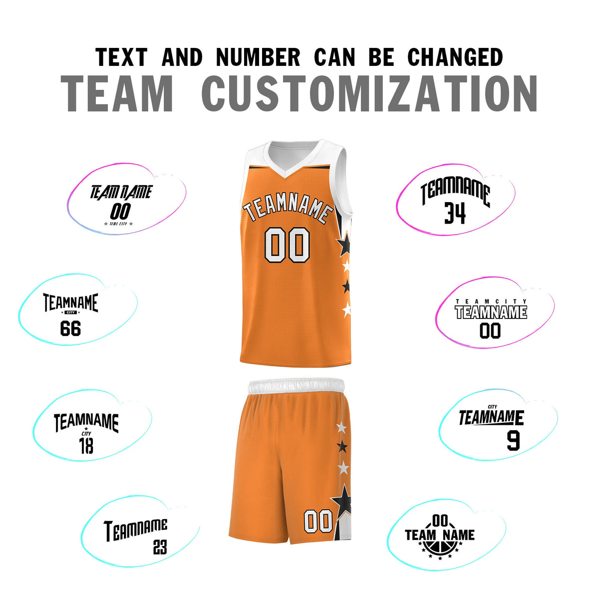 Custom Youth Basketball Uniform Gold Orange White Two Tone Side Star Add Name Number &amp; Logo