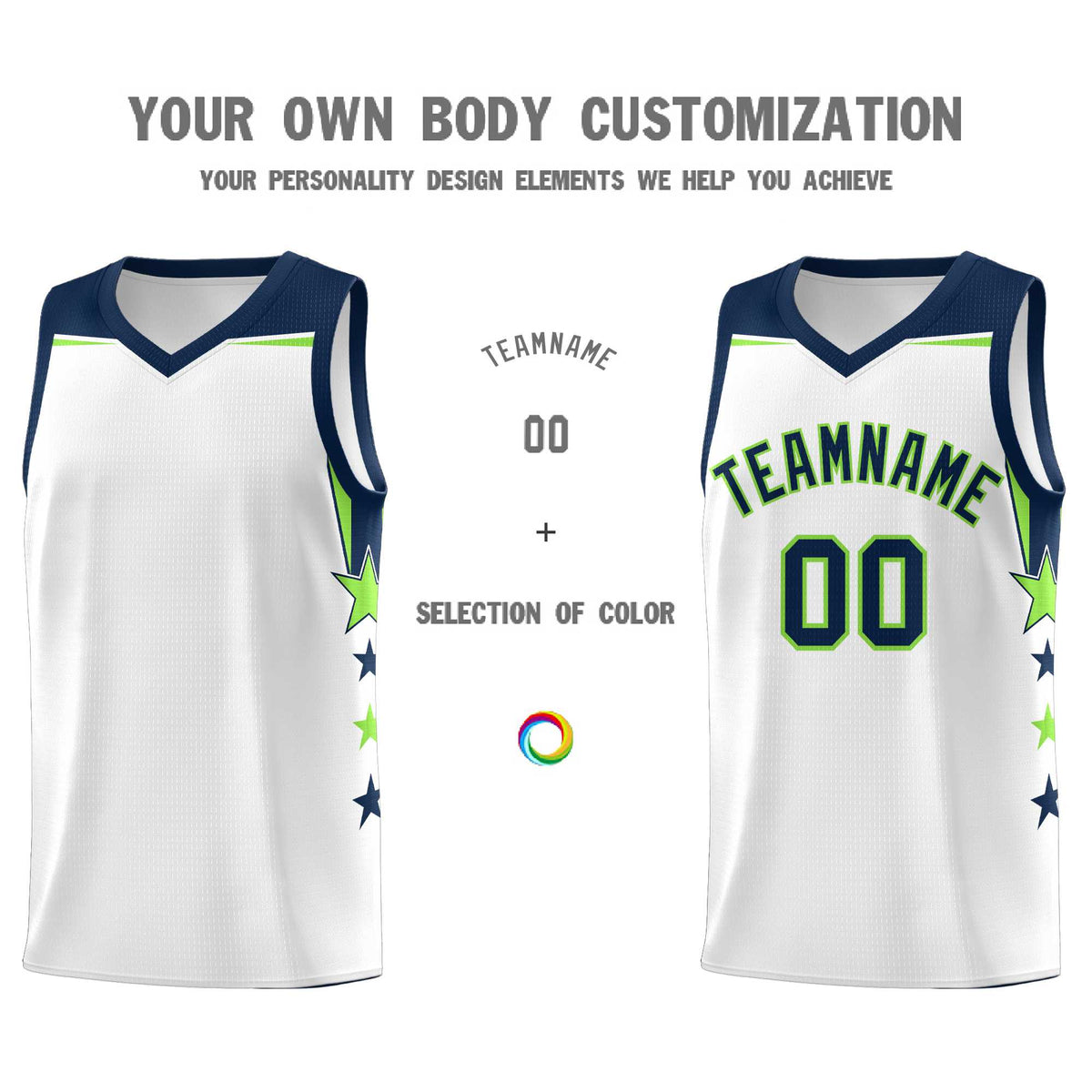 Custom Youth Basketball Uniform White Navy Two Tone Side Star Color Block Team Jersey