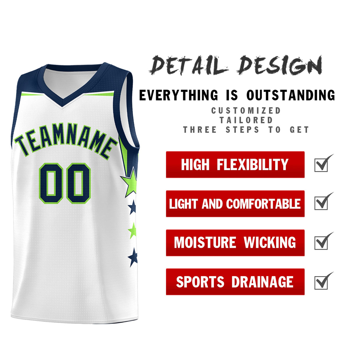 Custom Youth Basketball Uniform White Navy Two Tone Side Star Color Block Team Jersey