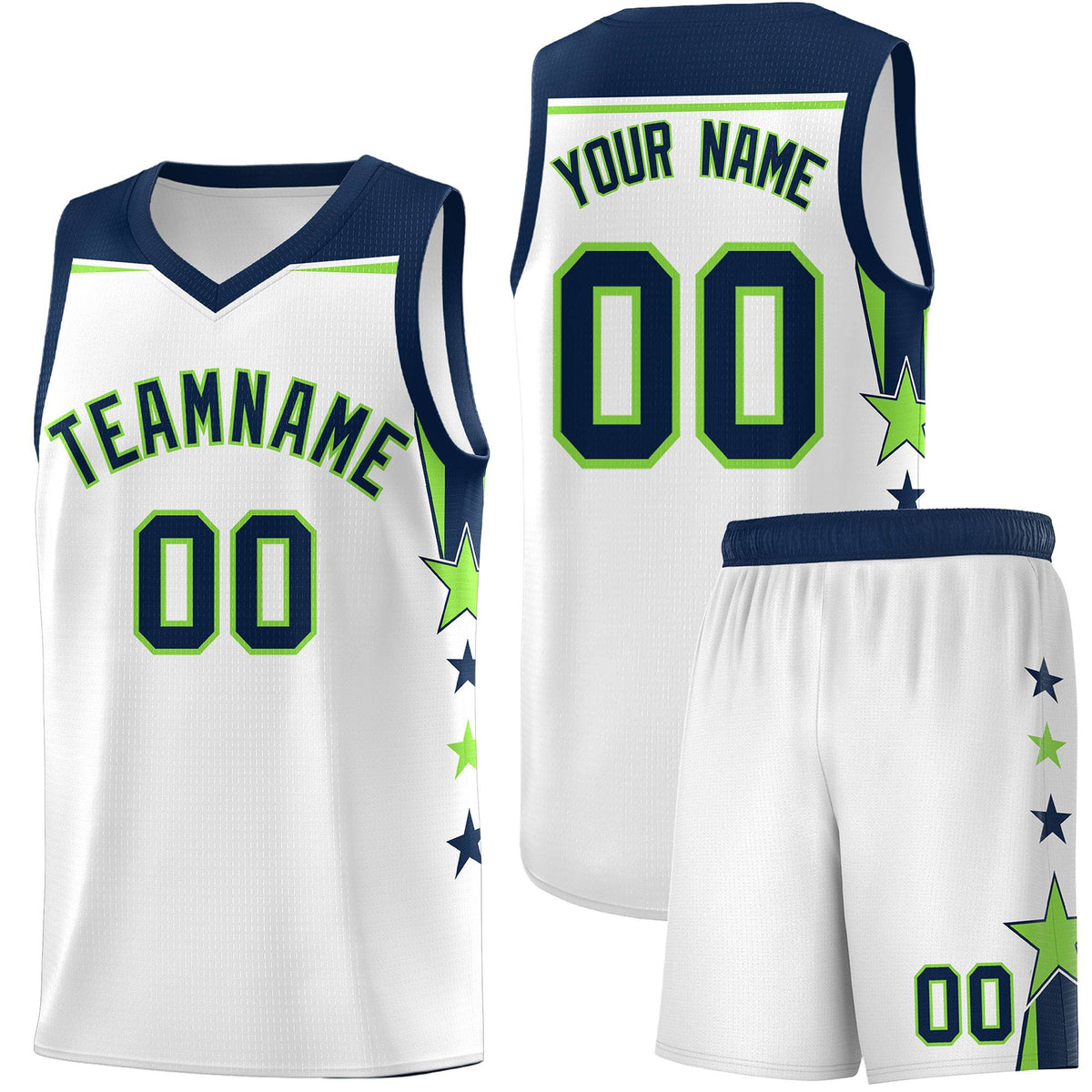Custom Youth Basketball Uniform White Navy Two Tone Side Star Color Block Team Jersey