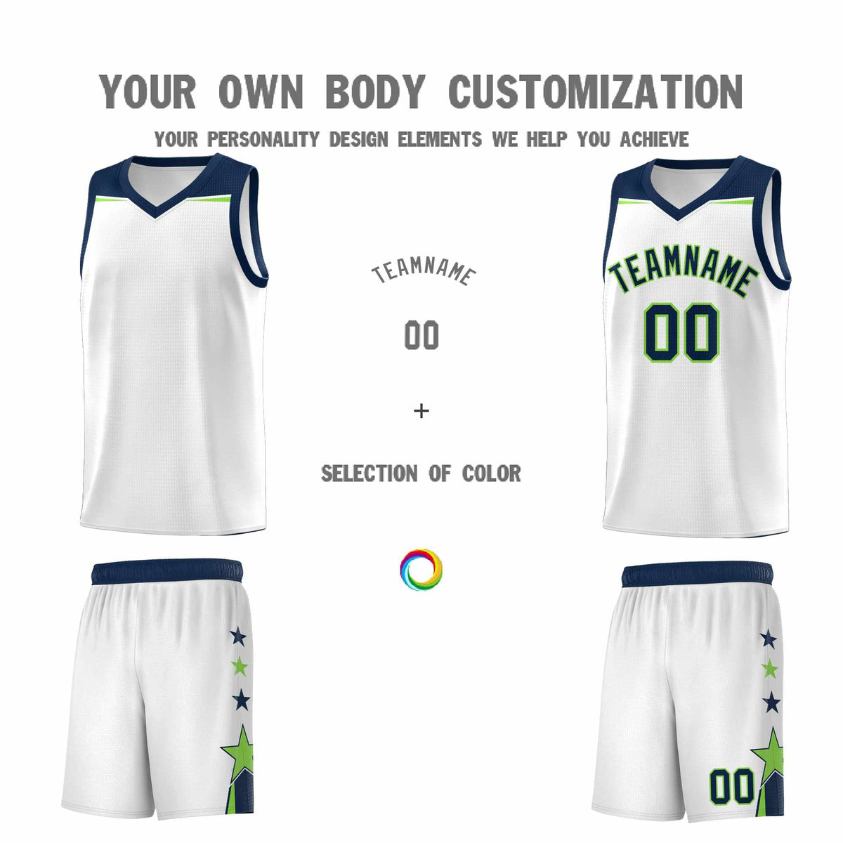 Custom Youth Basketball Uniform White Navy Two Tone Side Star Color Block Team Jersey